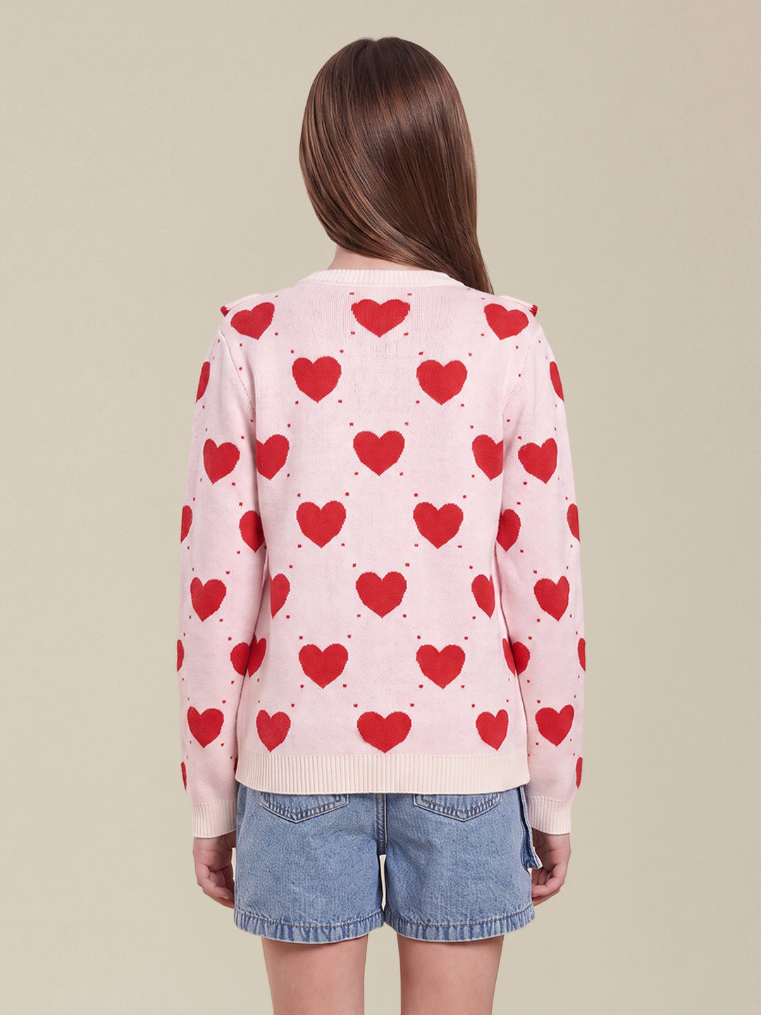 GIRLS Heart Print Ruffle Knit Top