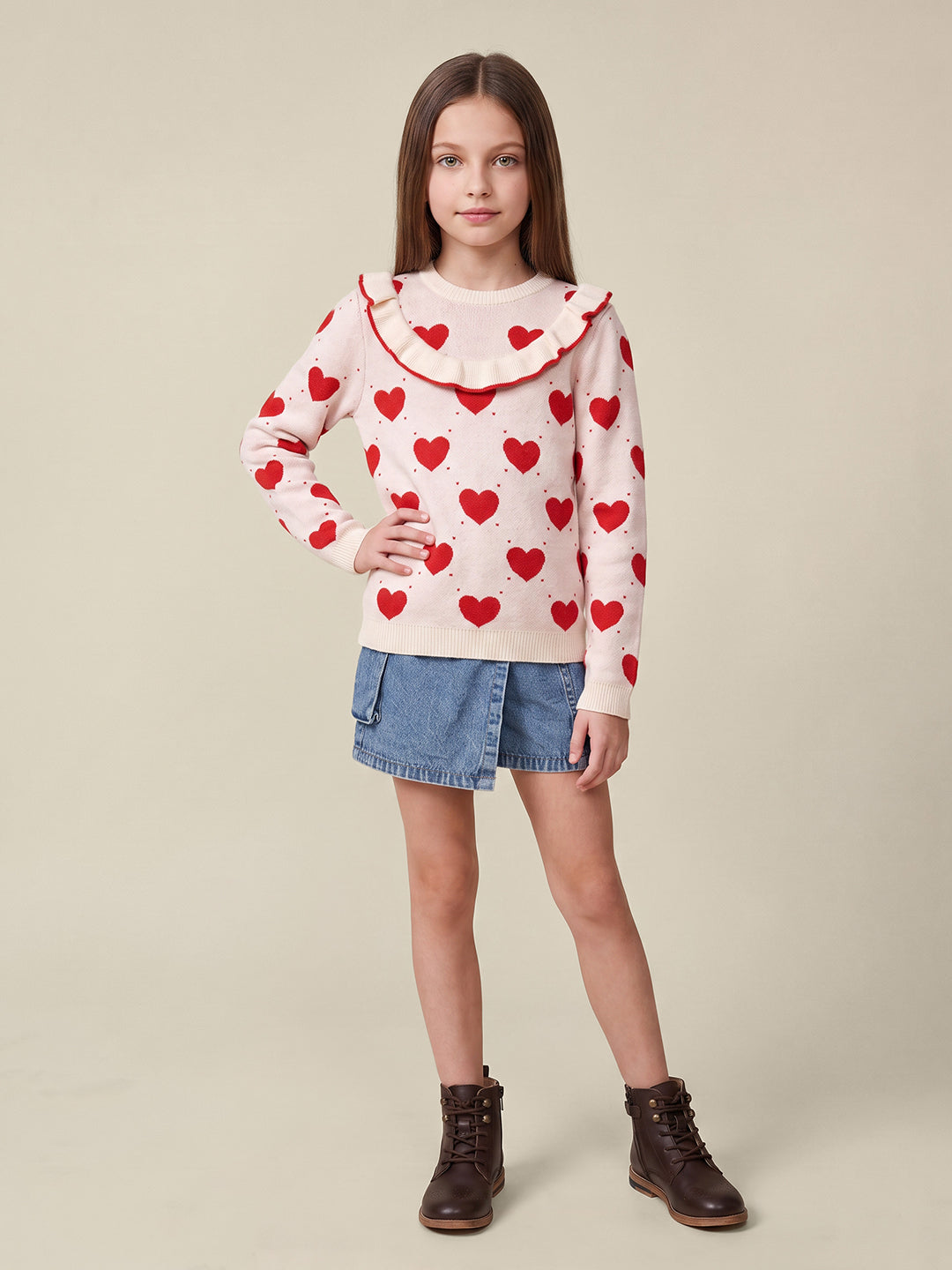 GIRLS Heart Print Ruffle Knit Top