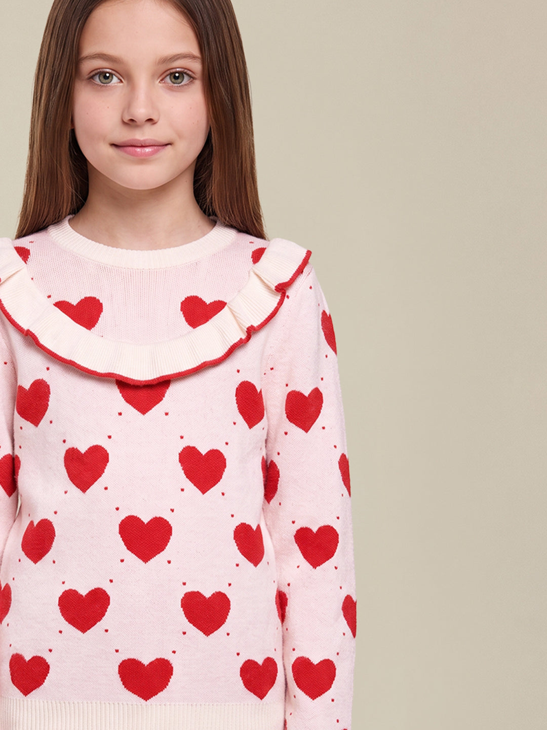 GIRLS Heart Print Ruffle Knit Top