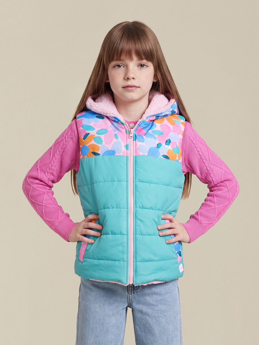 GIRLS Printed Hooded Reversible Jacket