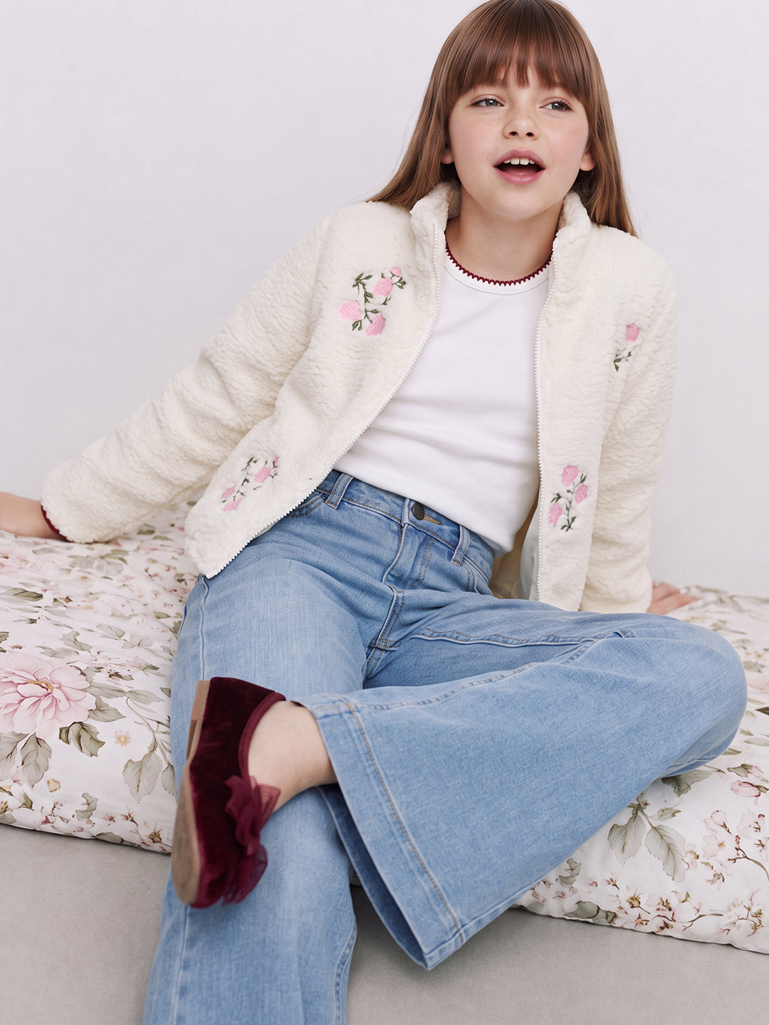 GIRLS White Floral Fleece Jacket