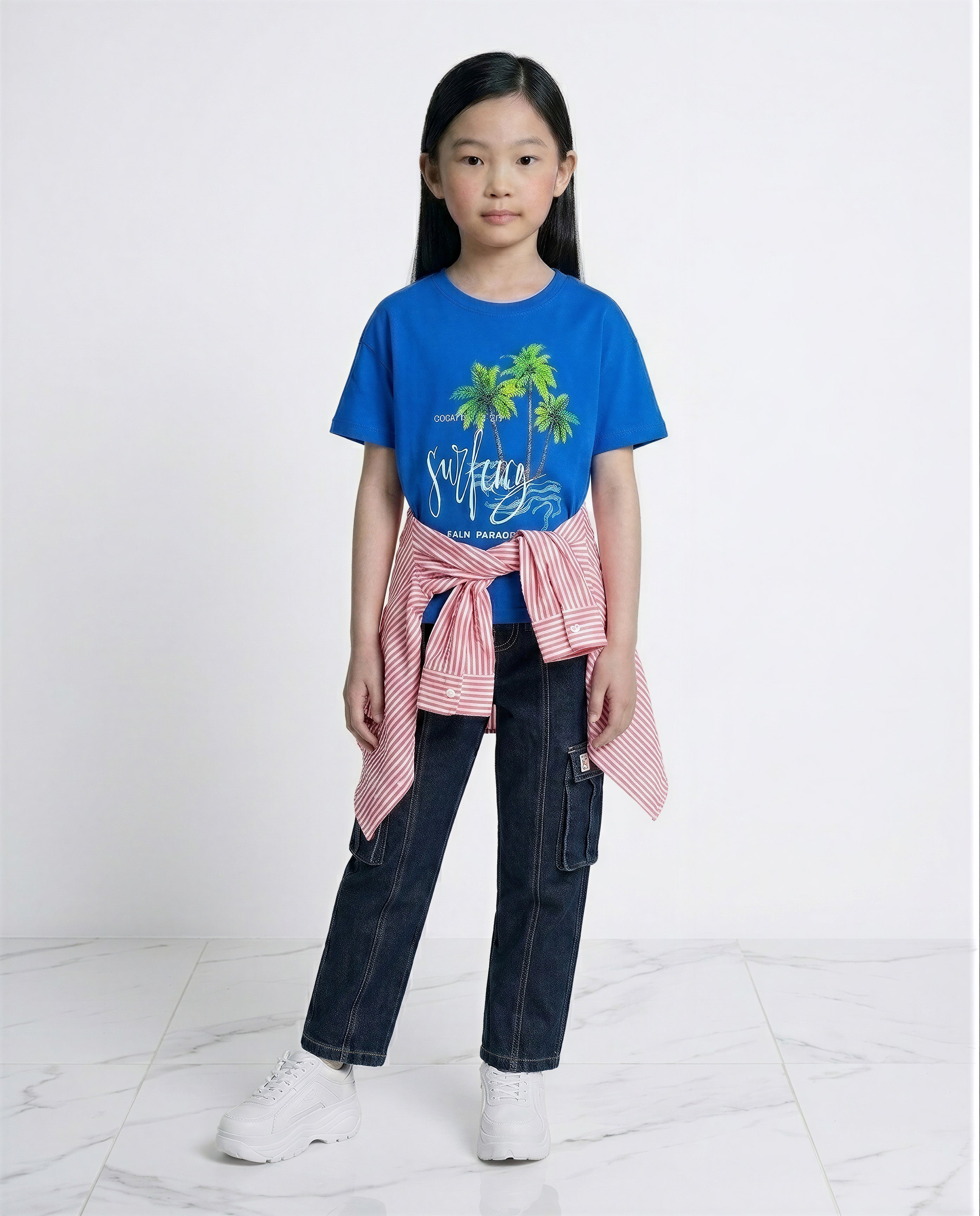 GIRLS Blue Printed Cotton T-shirt
