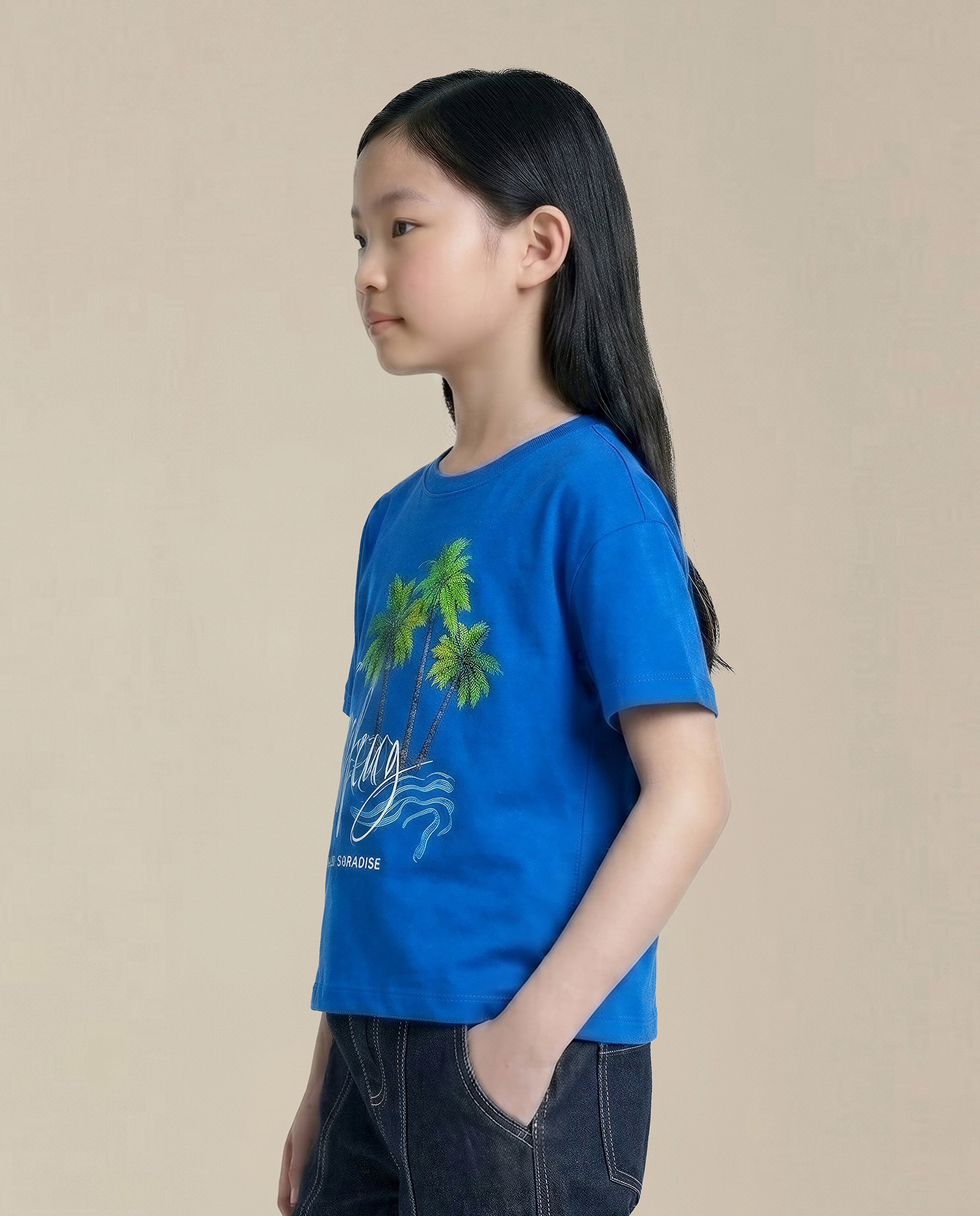 GIRLS Blue Printed Cotton T-shirt