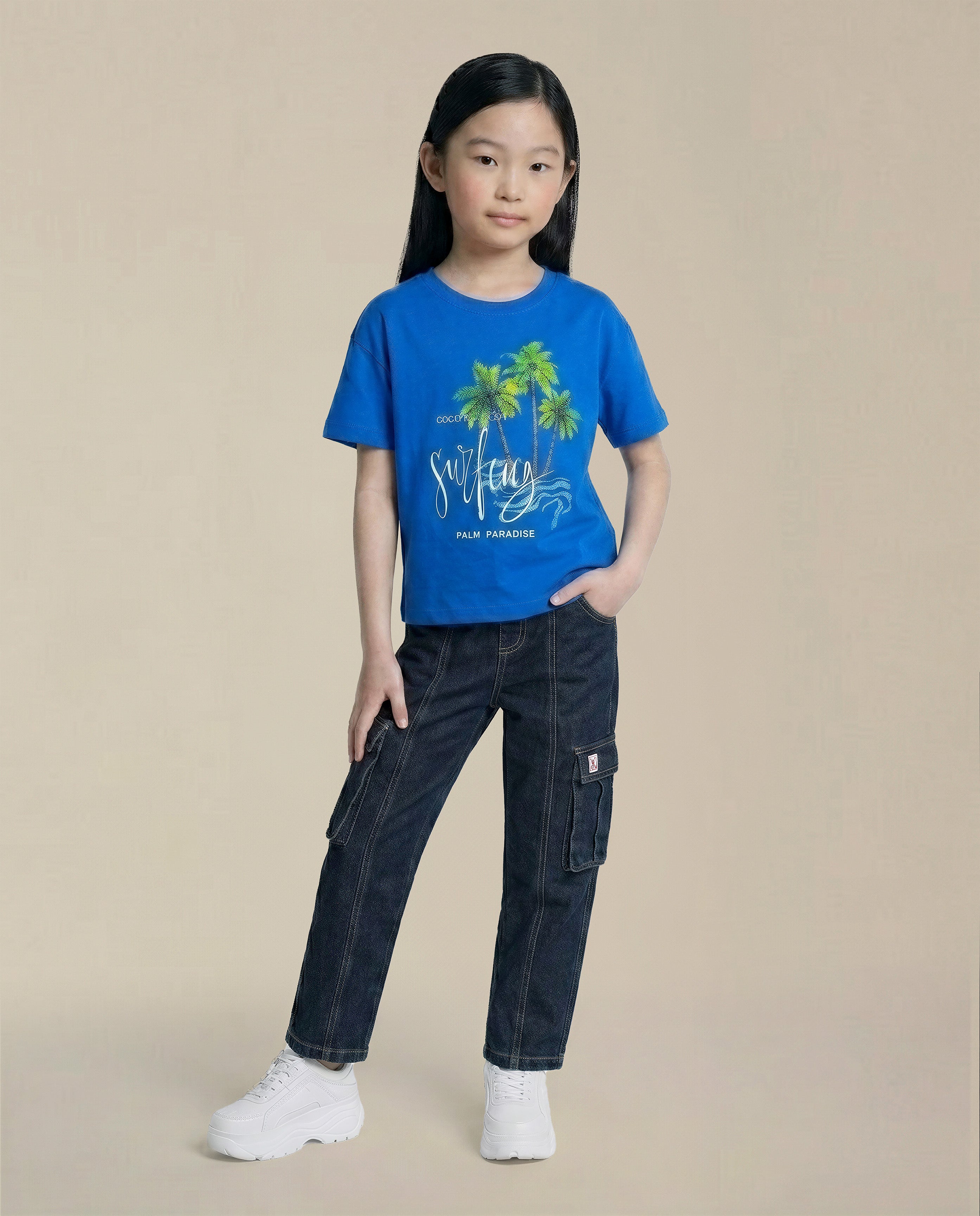 GIRLS Blue Printed Cotton T-shirt