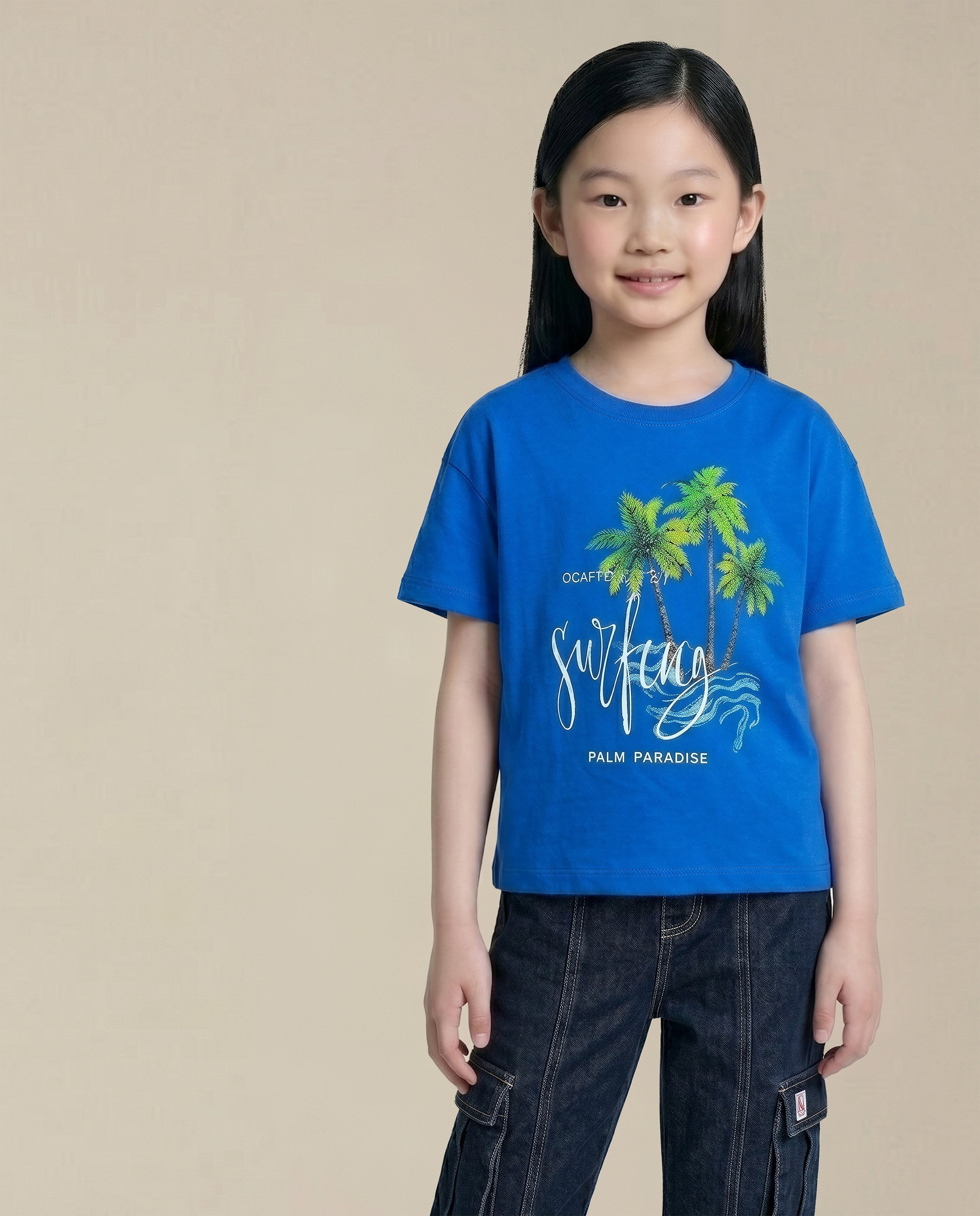 GIRLS Blue Printed Cotton T-shirt