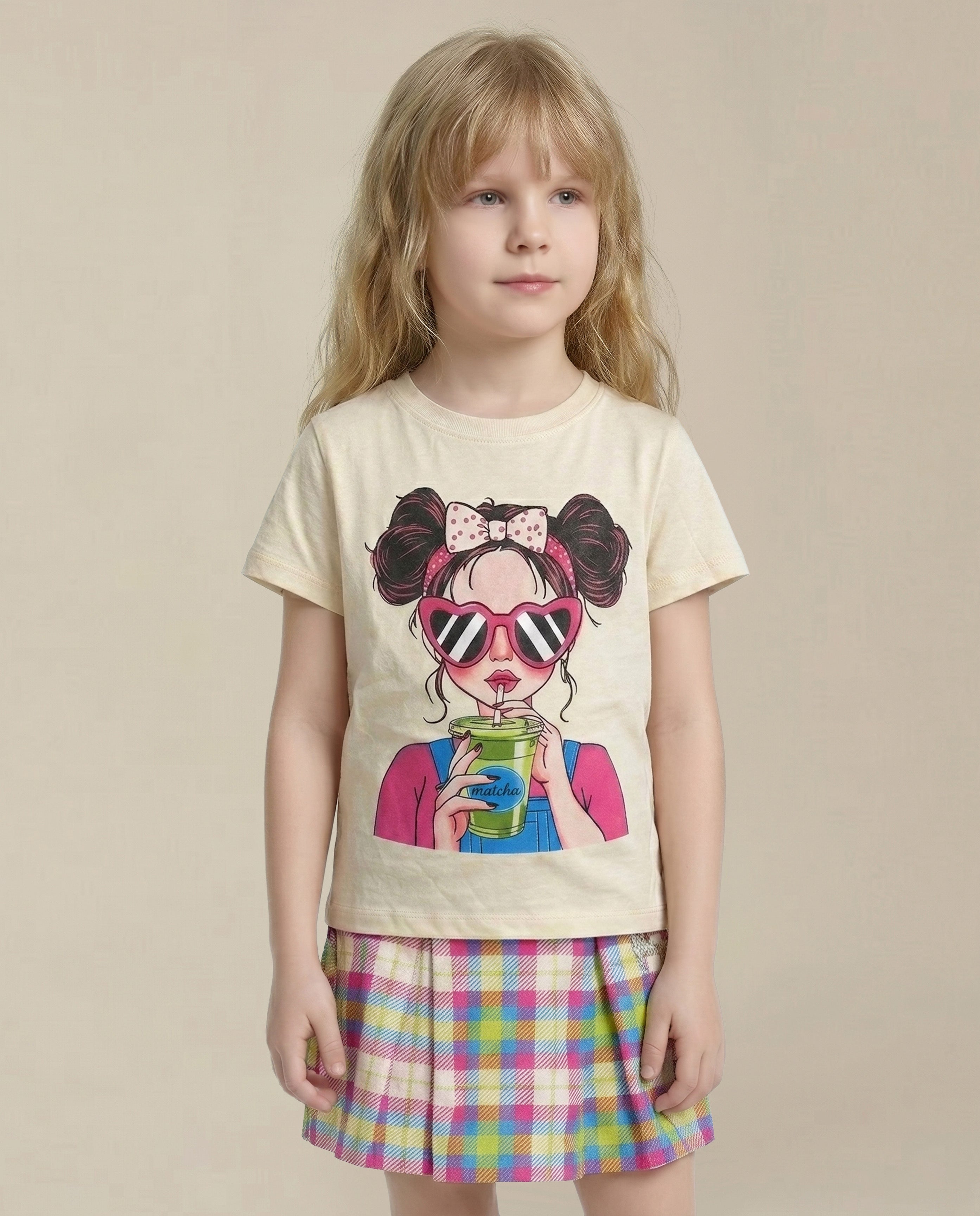 GIRLS Beige Printed Cotton T-shirt