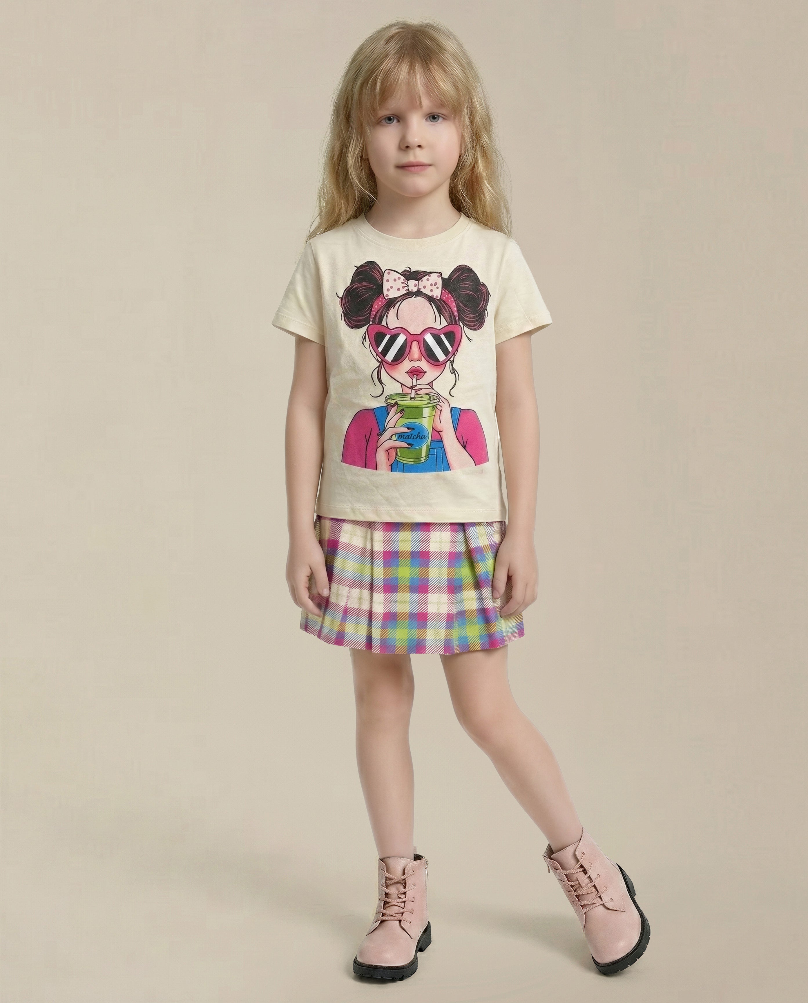 GIRLS Beige Printed Cotton T-shirt