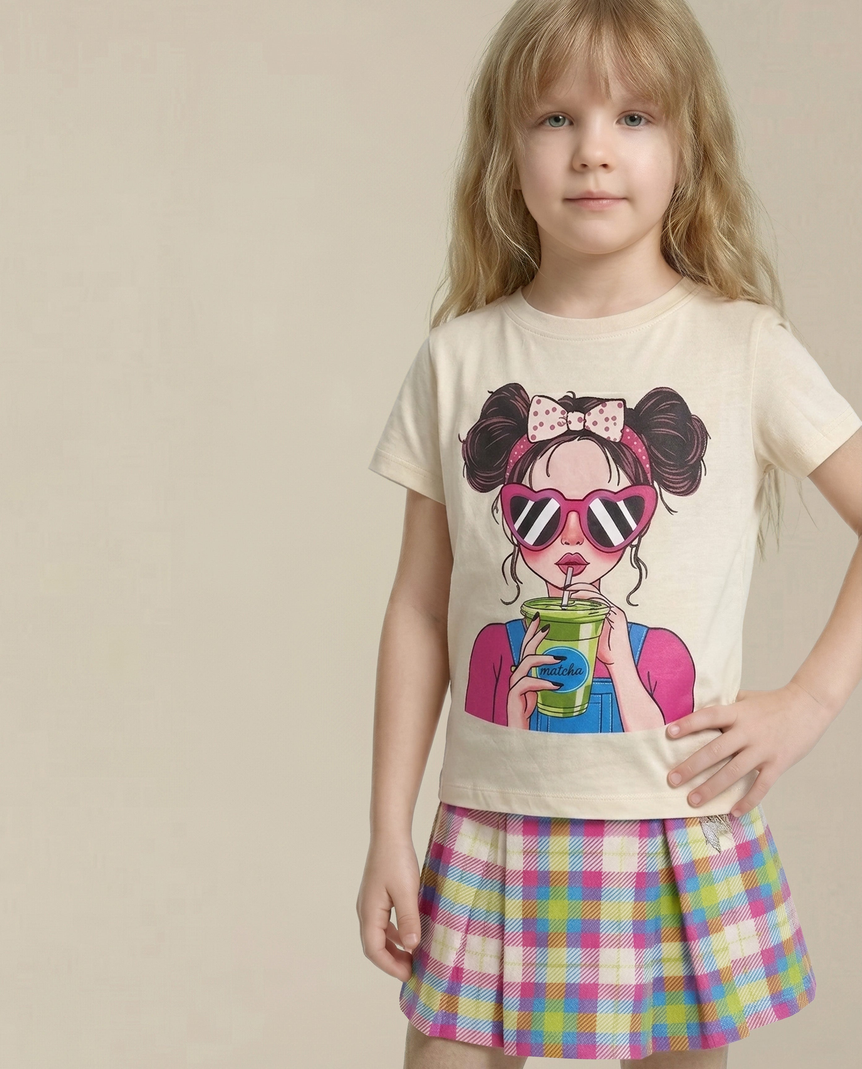 GIRLS Beige Printed Cotton T-shirt