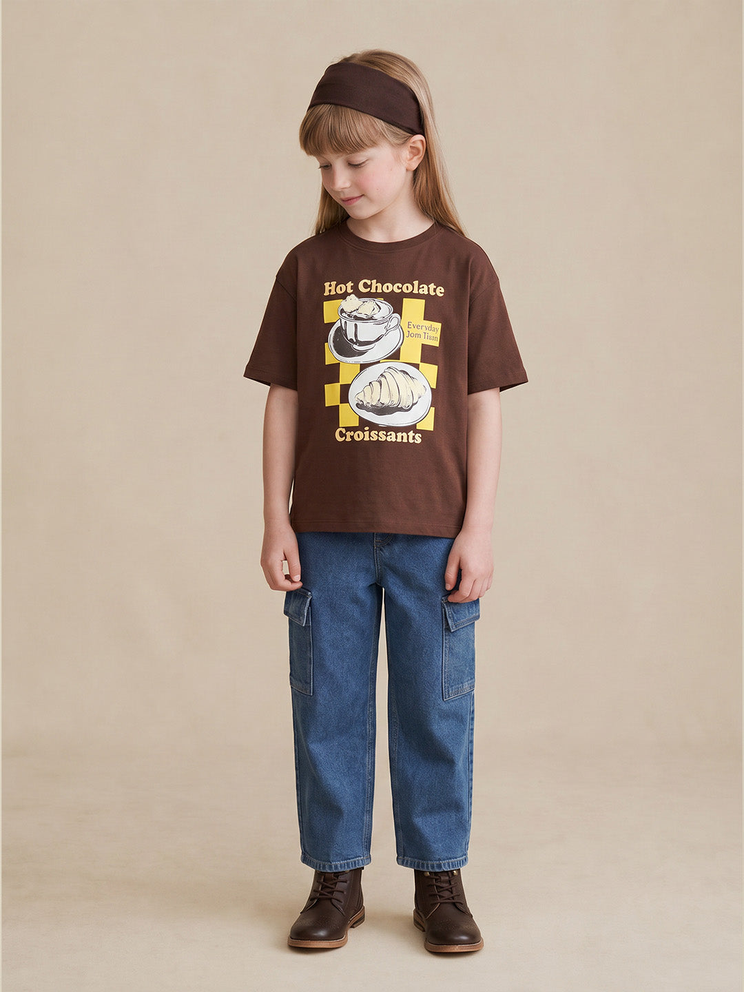 GIRLS Dark Brown Printed T-shirt