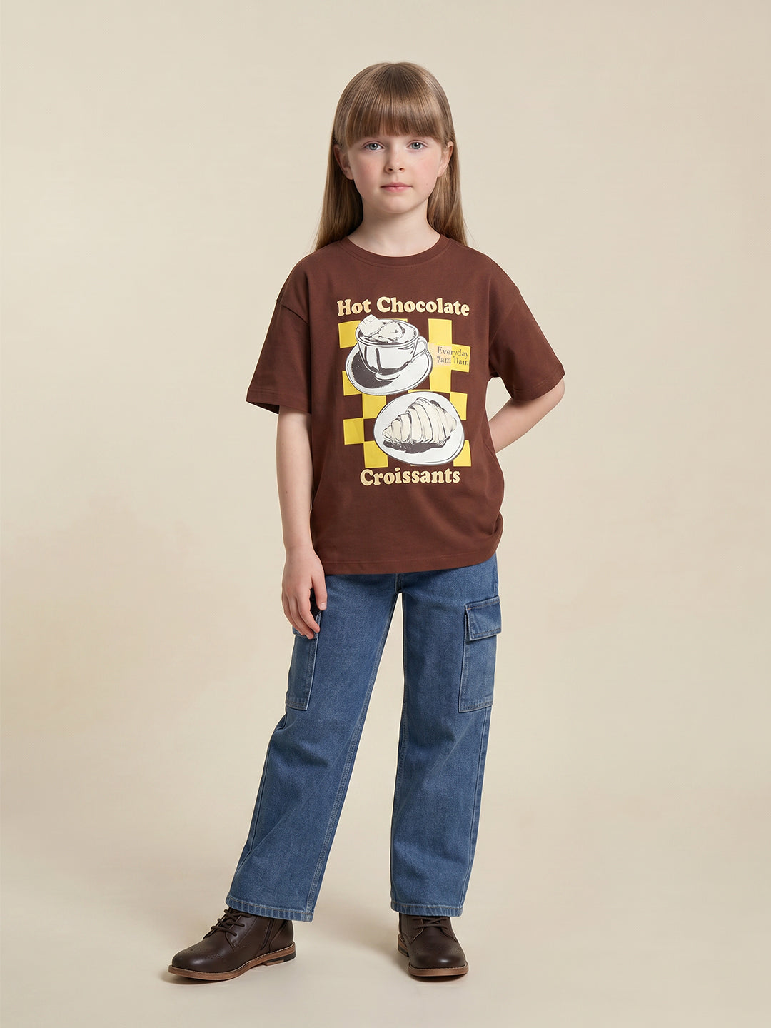 GIRLS Dark Brown Printed T-shirt