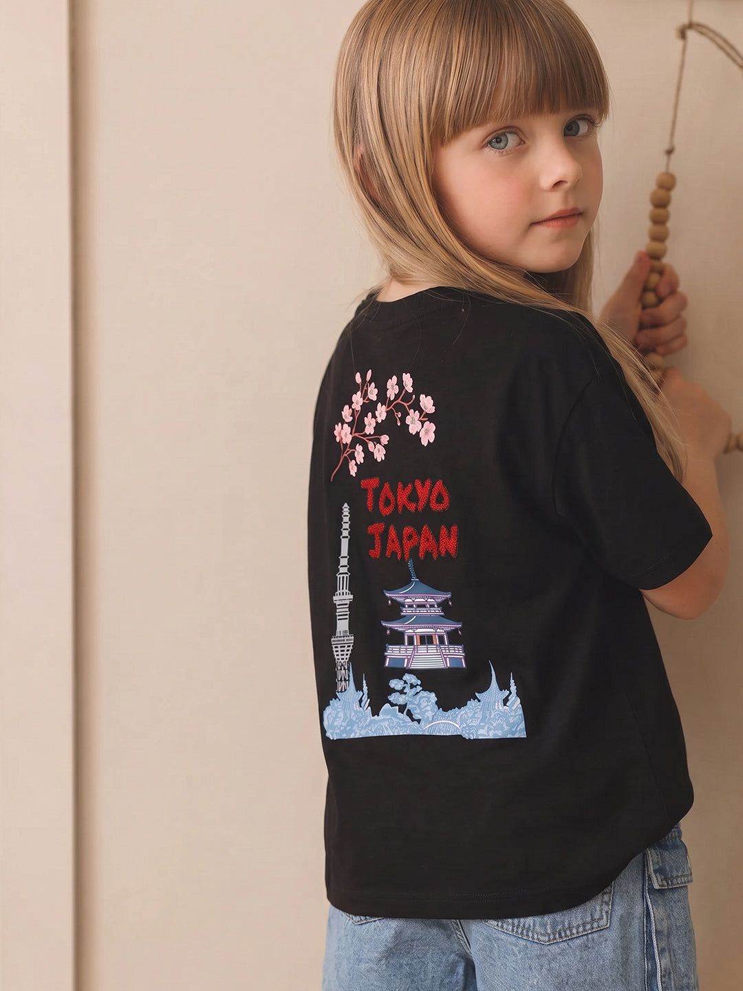 GIRLS Black Printed Cotton T-shirt