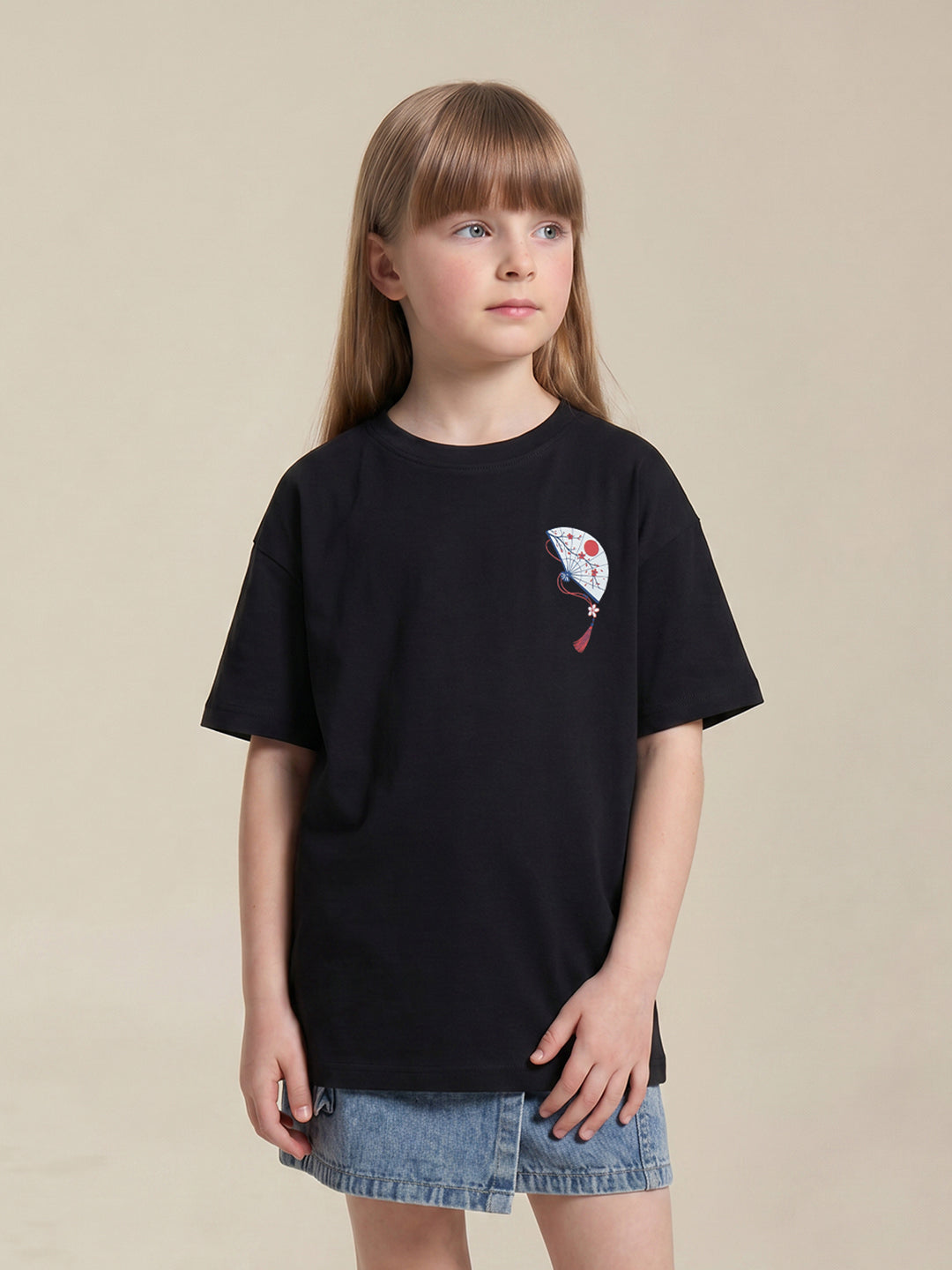 GIRLS Black Printed Cotton T-shirt