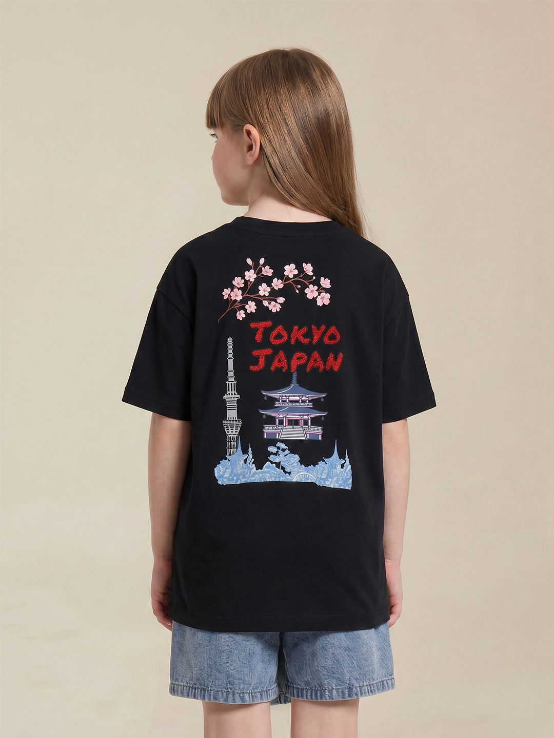 GIRLS Black Printed Cotton T-shirt