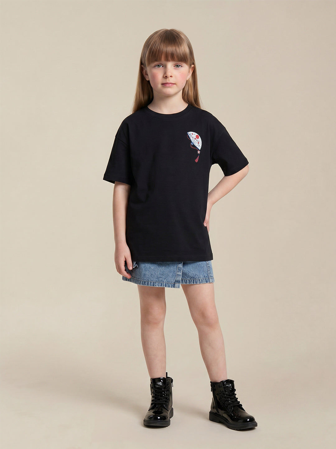 GIRLS Black Printed Cotton T-shirt