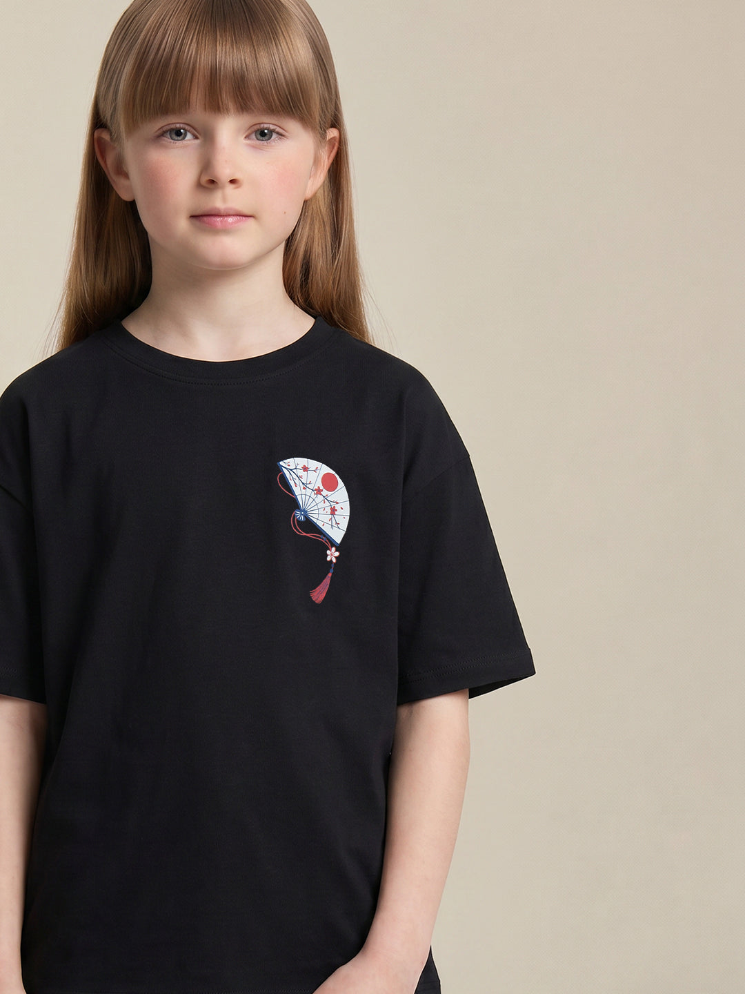 GIRLS Black Printed Cotton T-shirt
