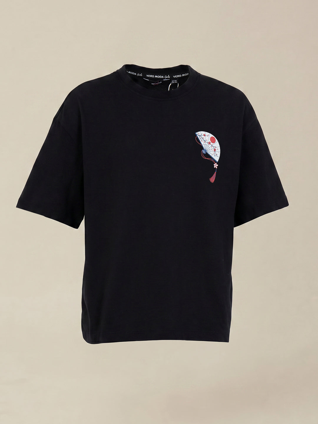 GIRLS Black Printed Cotton T-shirt