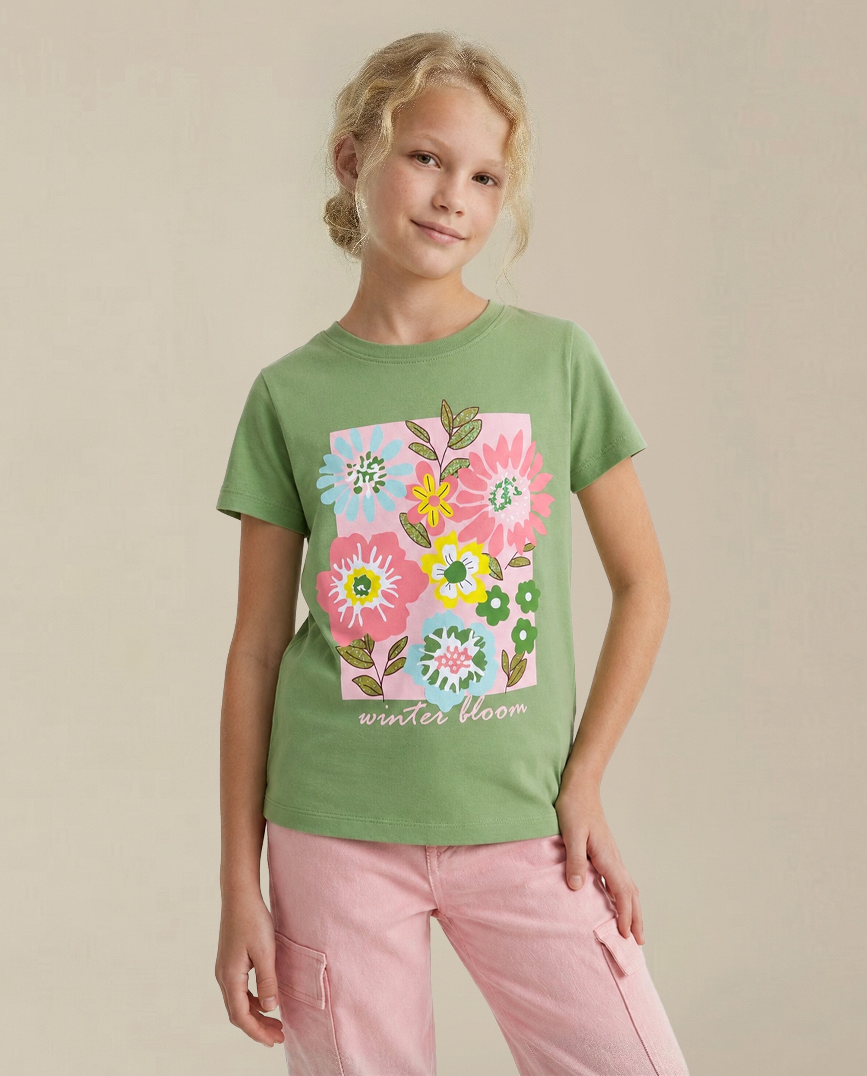 GIRLS Green Printed T-shirt
