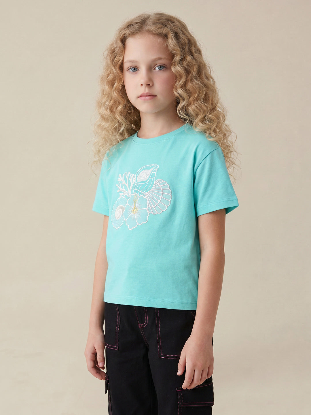 GIRLS Blue Embroidered Print T-shirt
