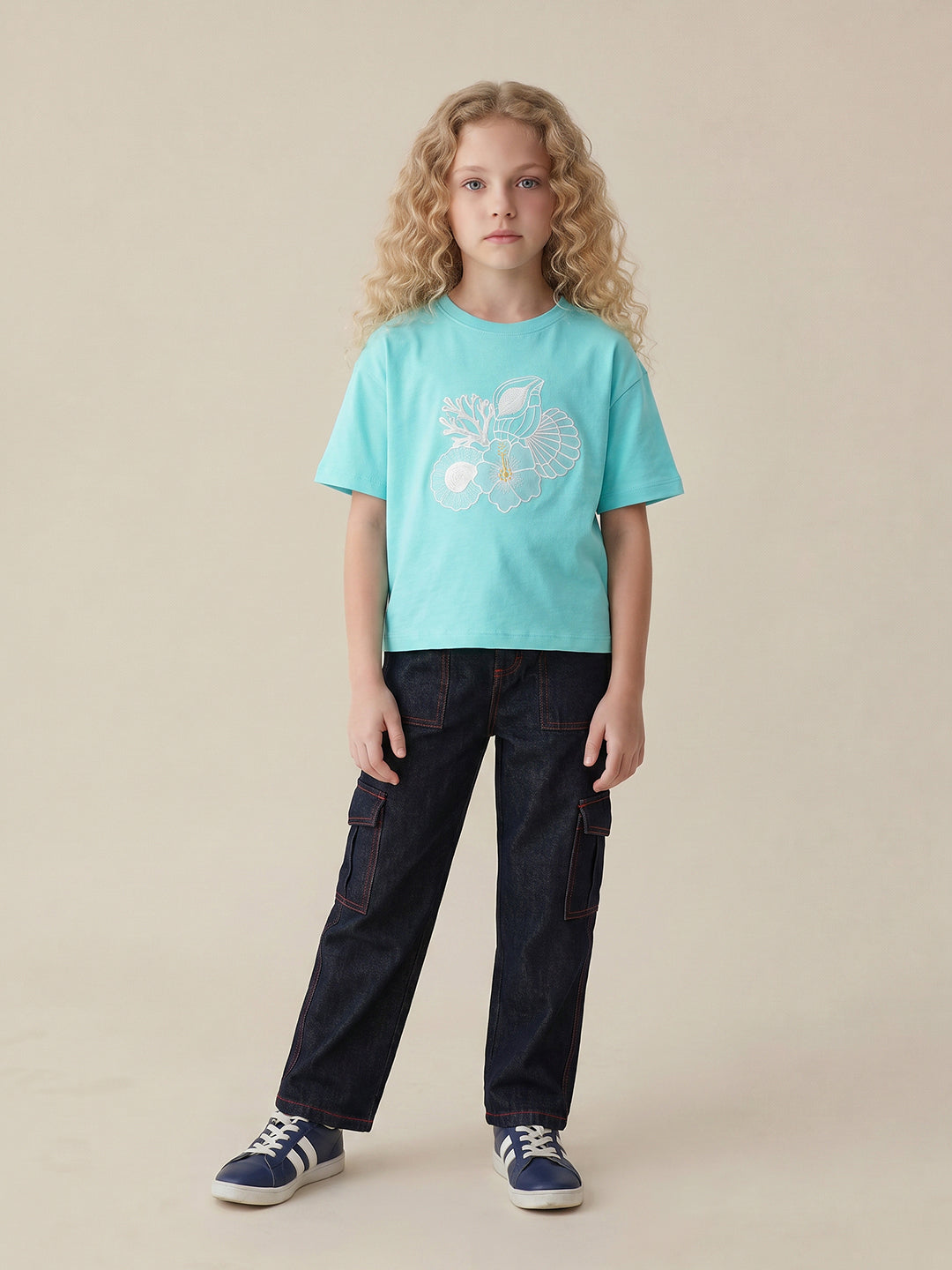 GIRLS Blue Embroidered Print T-shirt