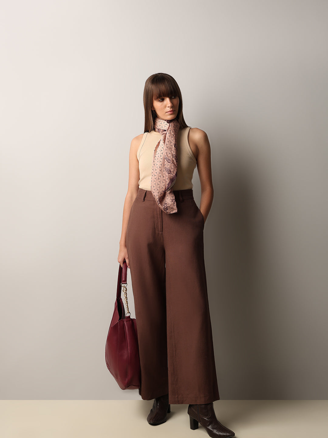 Brown High Rise Wide Leg Pants