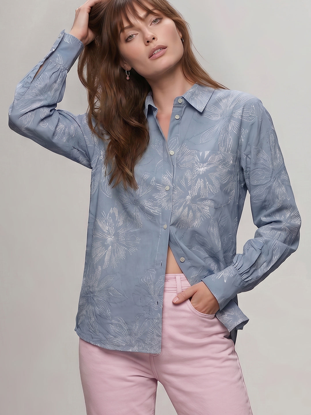 Blue Floral Cotton Regular Fit Shirt