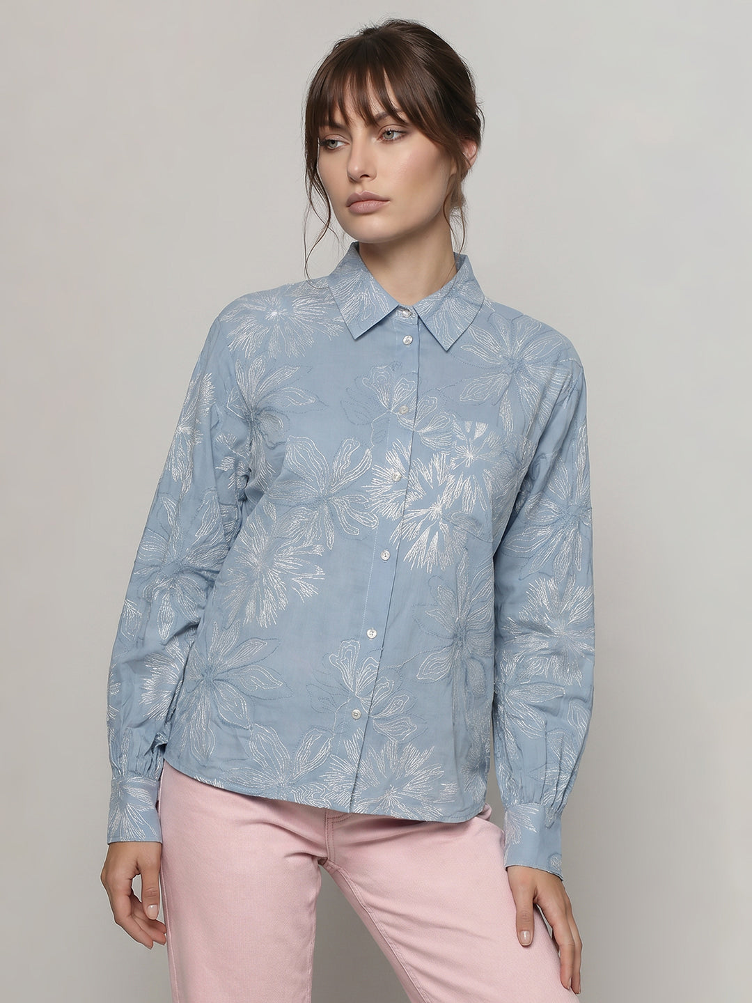 Blue Floral Cotton Regular Fit Shirt