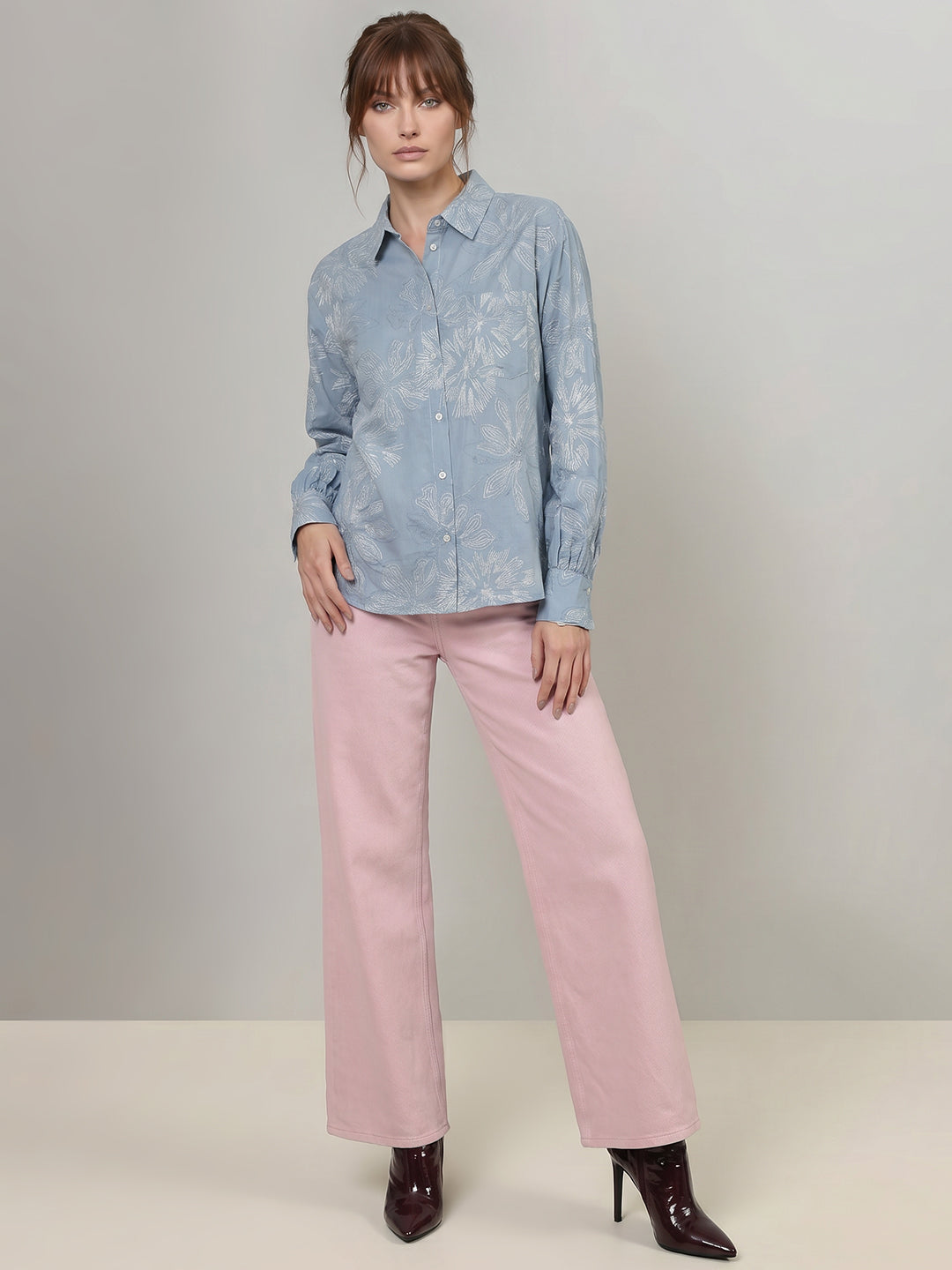 Blue Floral Cotton Regular Fit Shirt