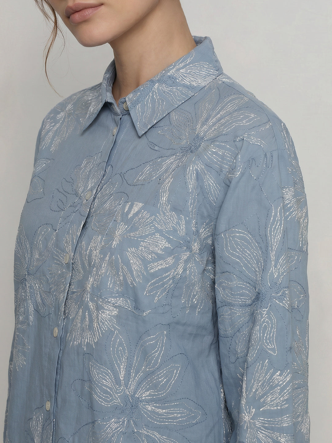 Blue Floral Cotton Regular Fit Shirt