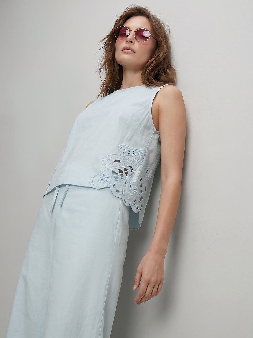 Blue Cut-Work Oversized Top