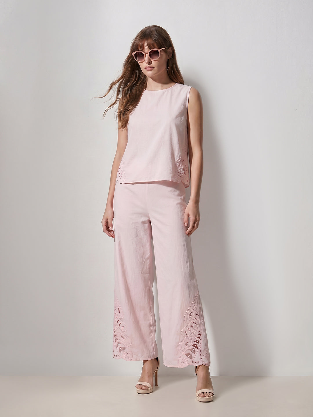 Pink Cut-Work Cotton Pants