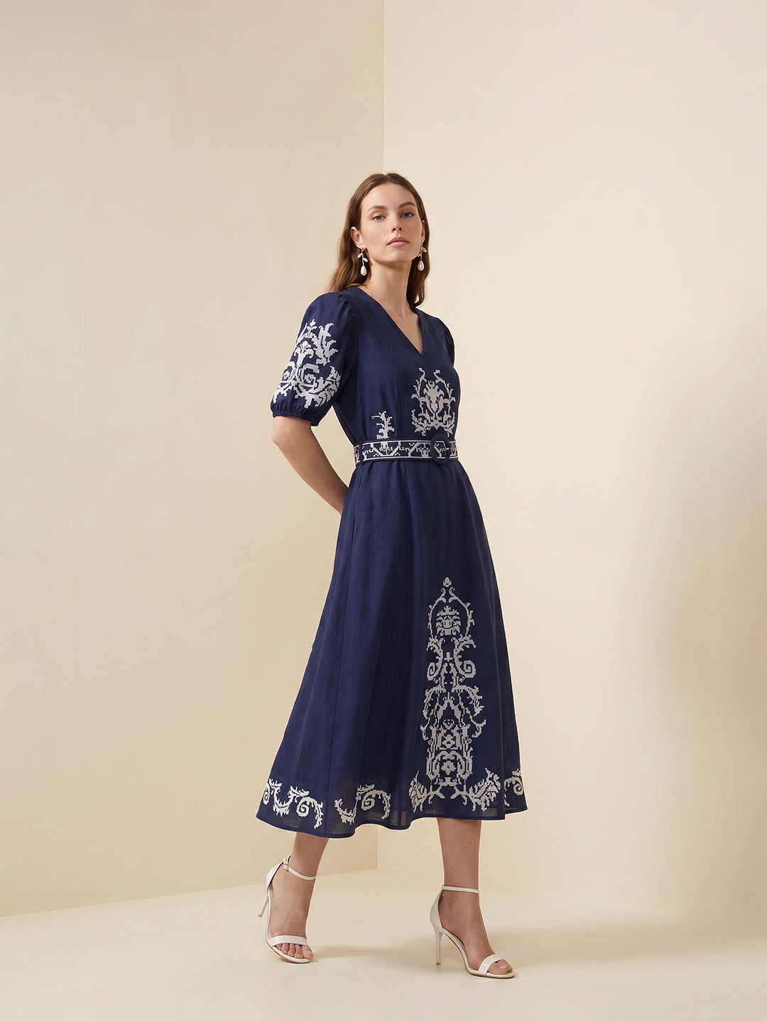 Dark Blue Embroidered Midi Dress