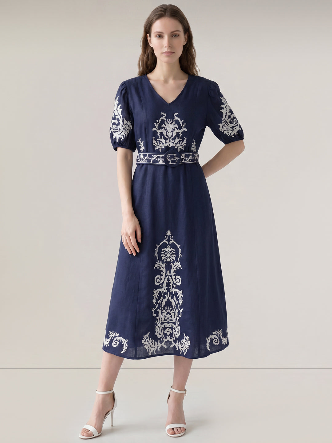 Dark Blue Embroidered Midi Dress