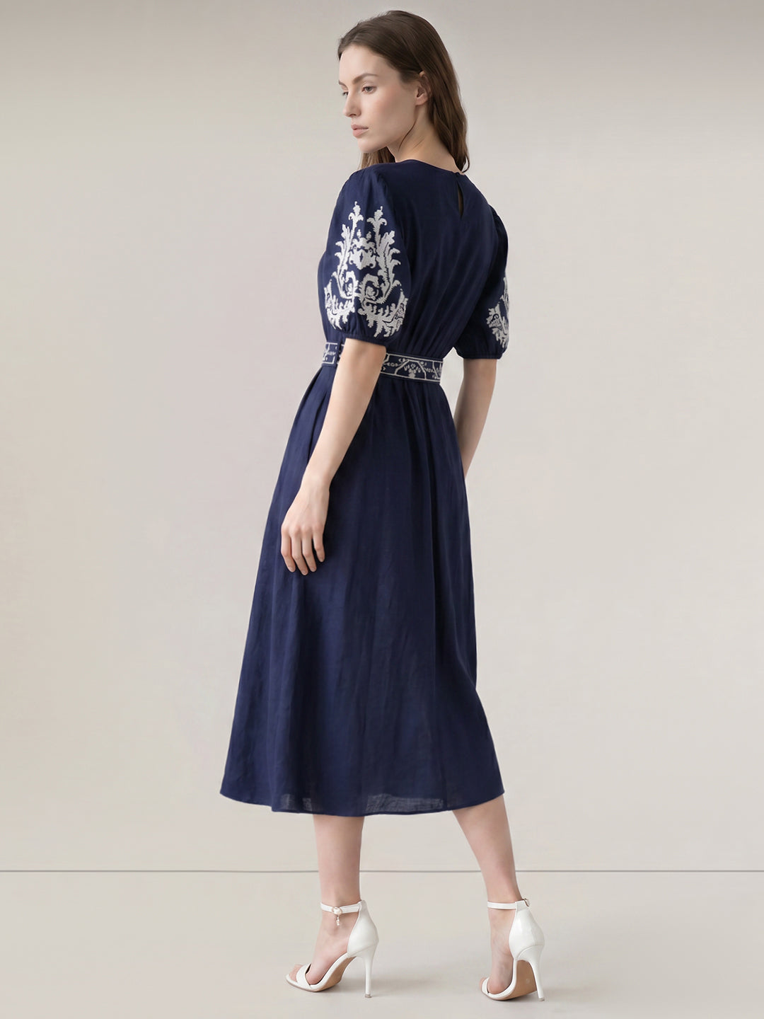Dark Blue Embroidered Midi Dress