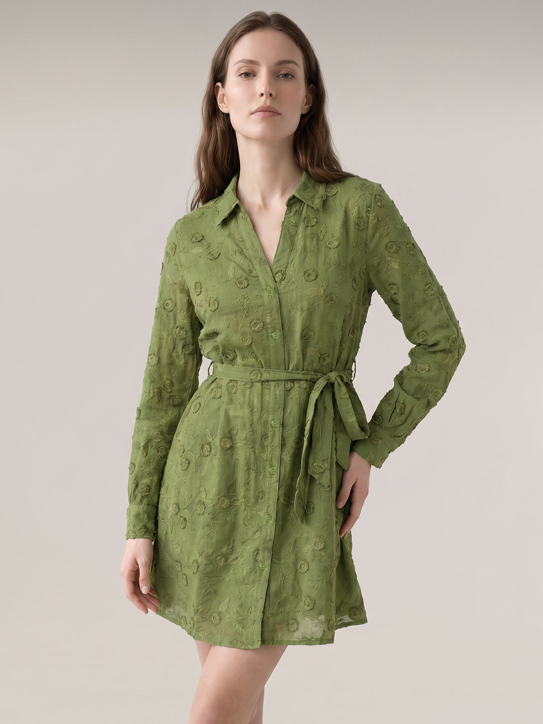 Green Embroidered Shirt Dress