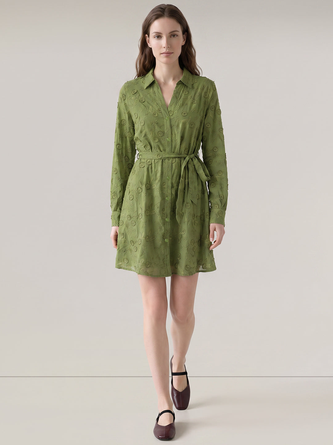 Green Embroidered Shirt Dress