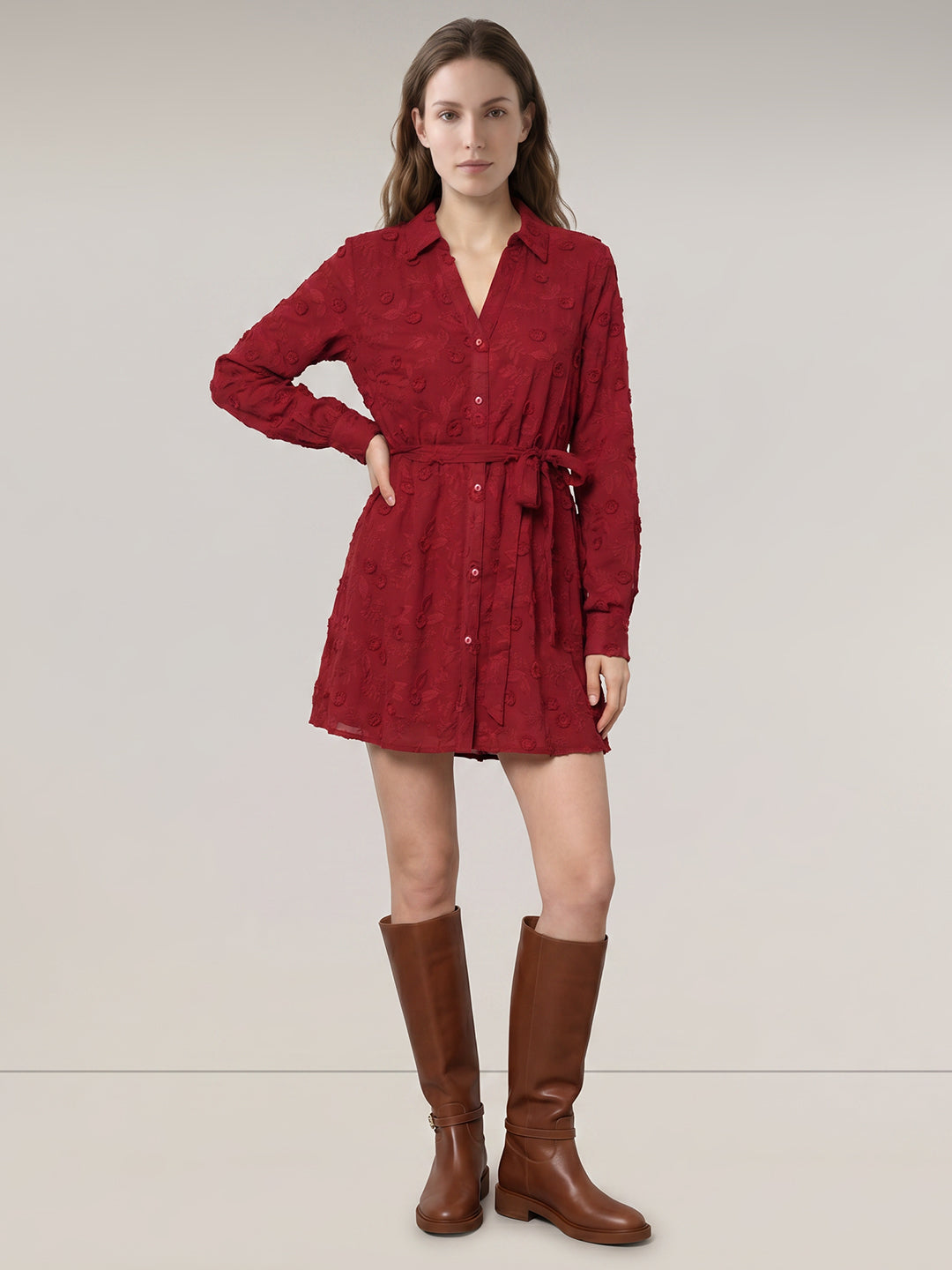 Red Embroidered Shirt Dress
