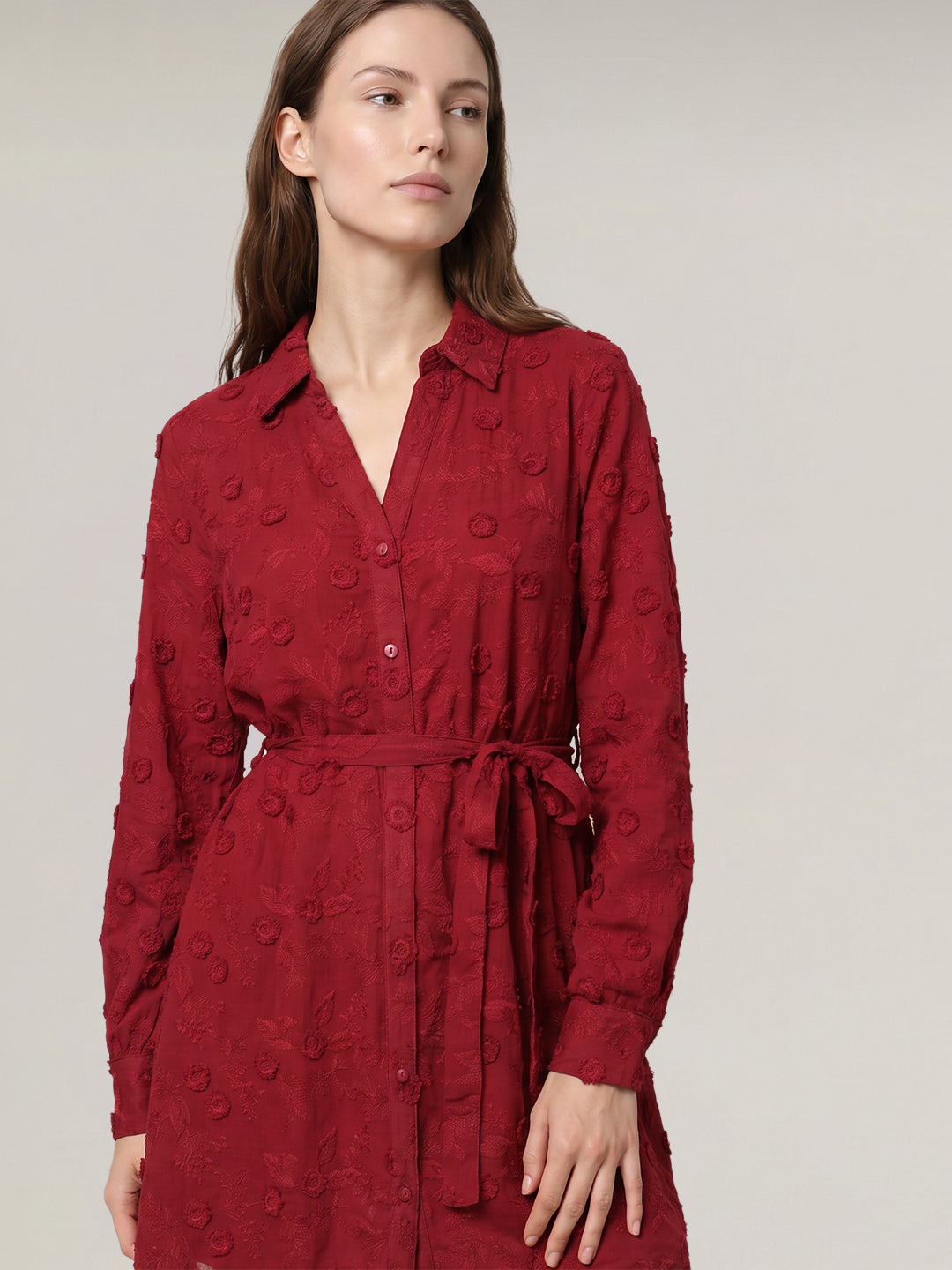 Red Embroidered Shirt Dress