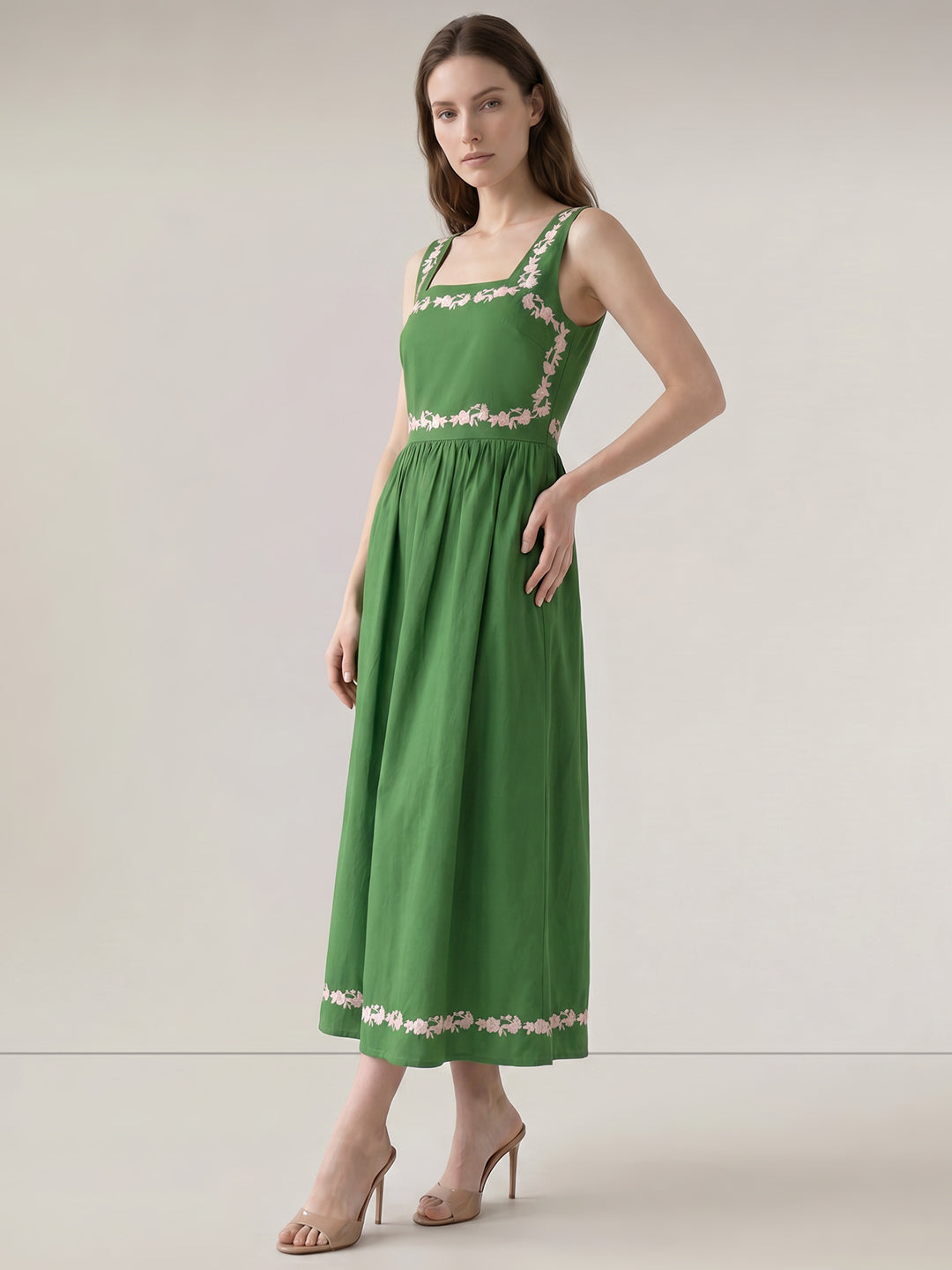 Green Floral Embroidered Dress