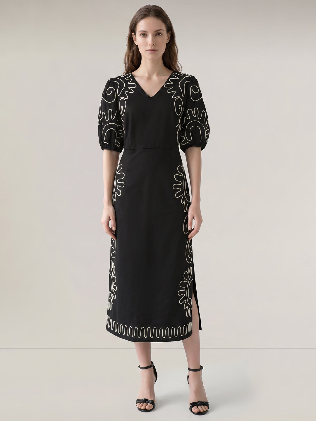 Black Contrast Embroidered Dress