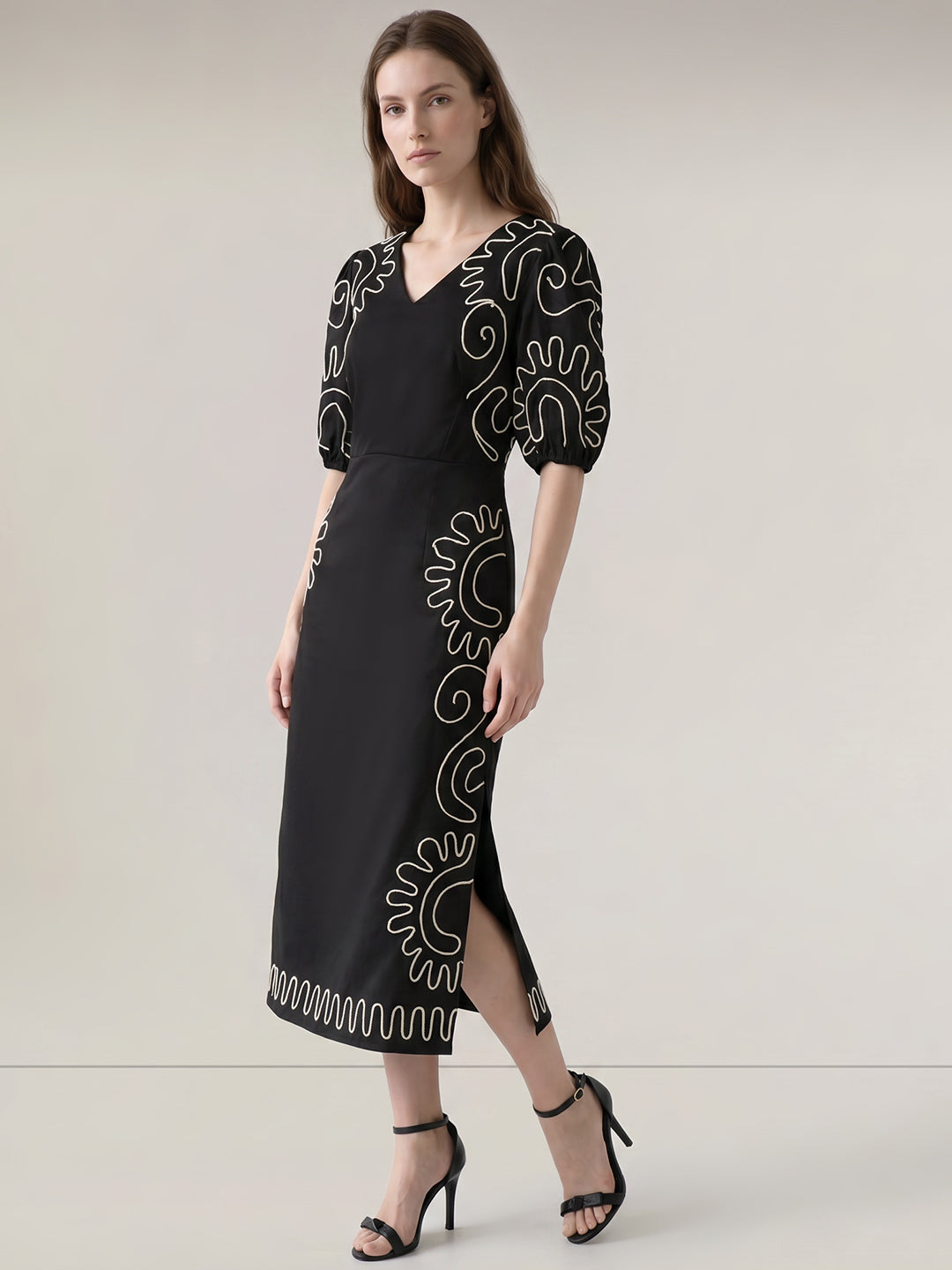 Black Contrast Embroidered Dress