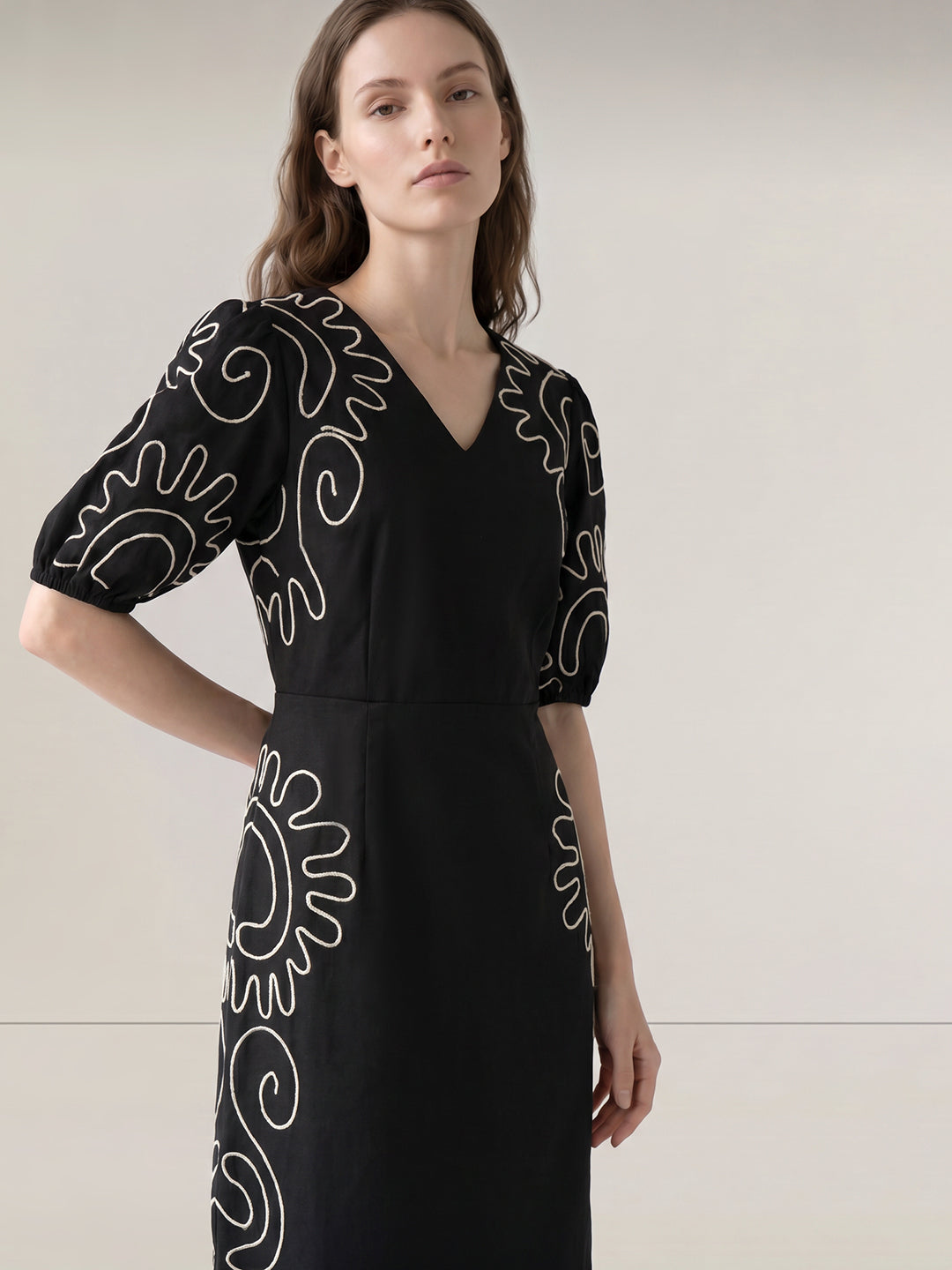Black Contrast Embroidered Dress
