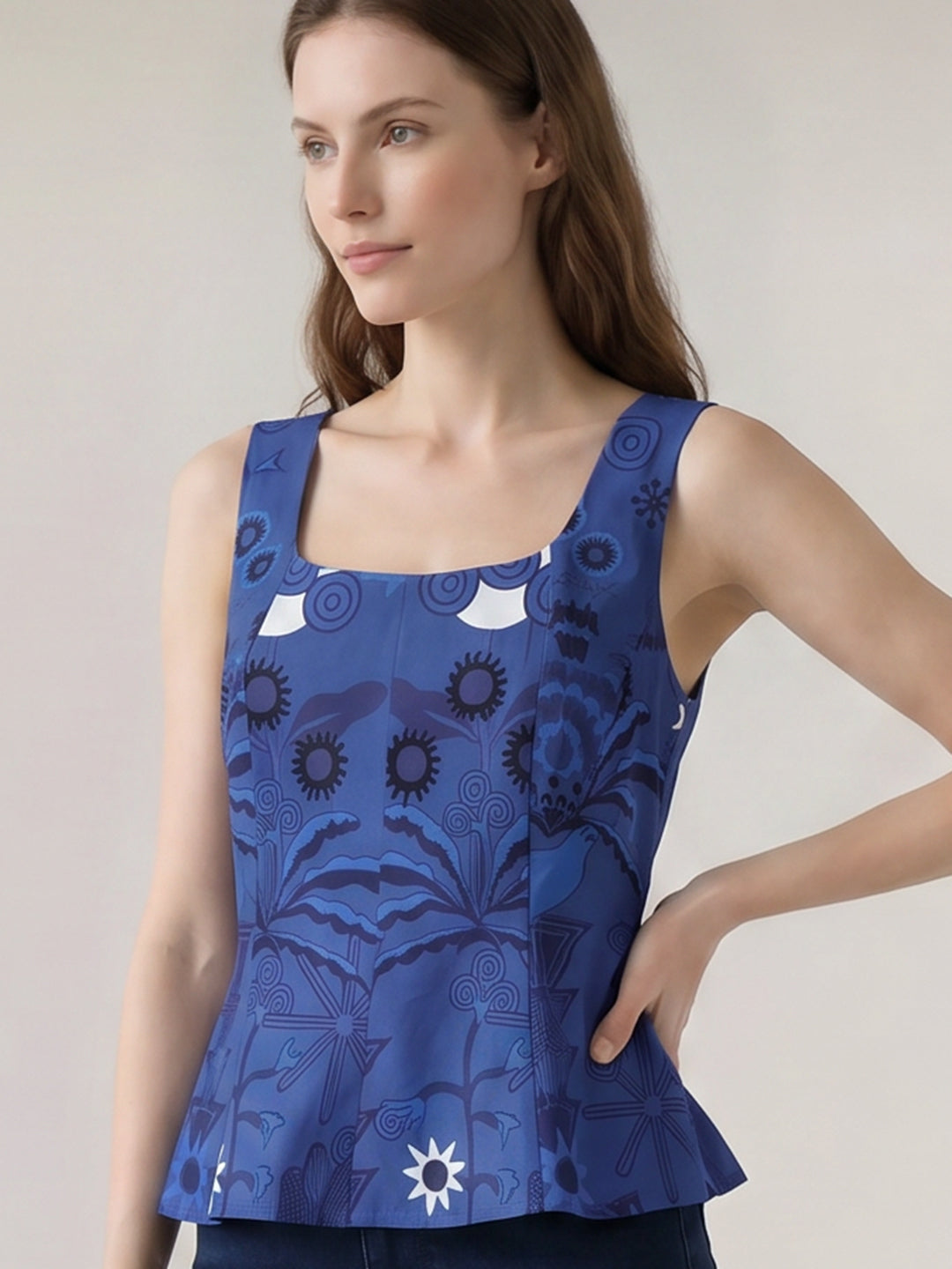 Dark Blue Printed Cotton Top