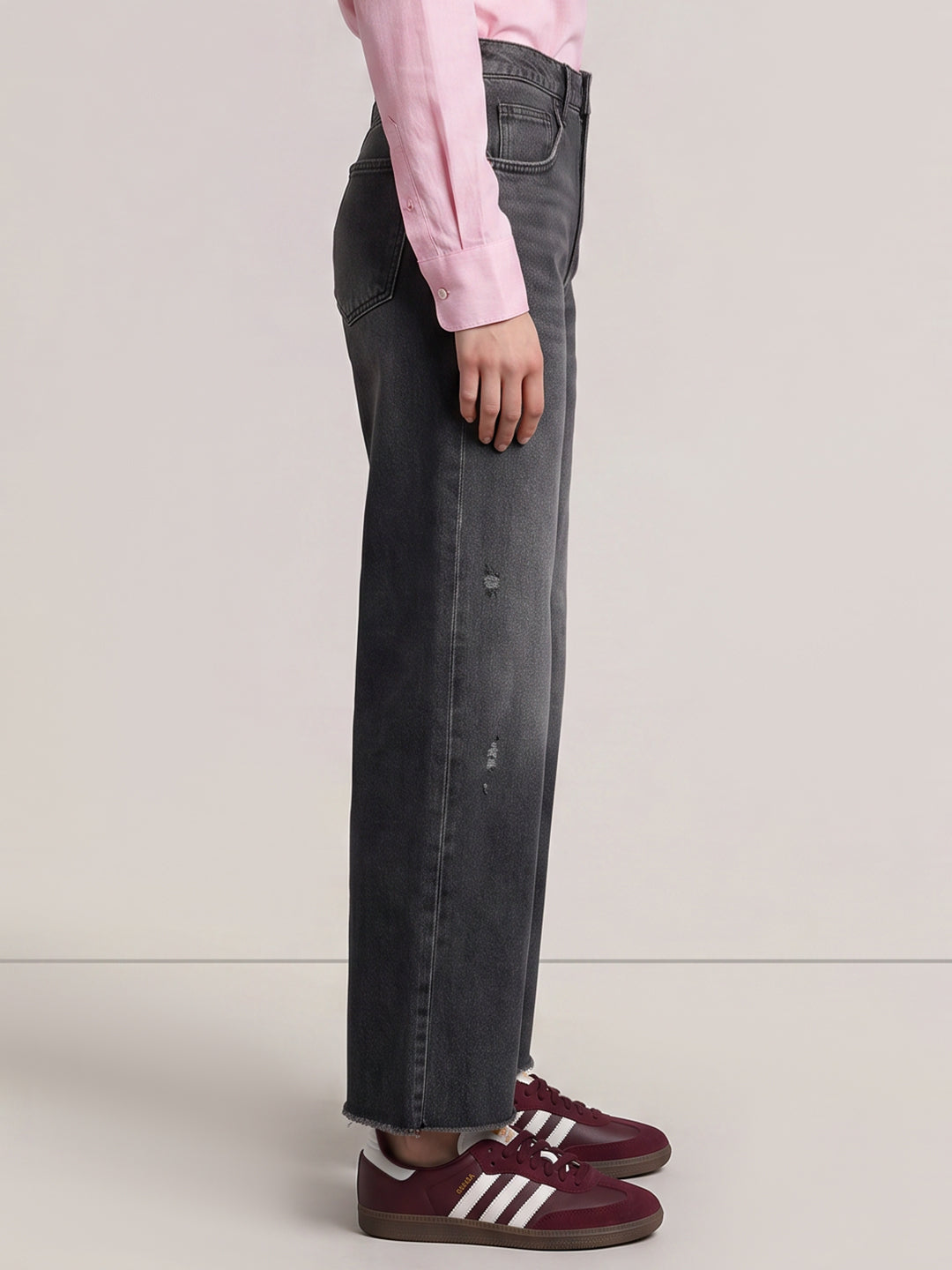 Grey Distressed Wide Leg Jeans
