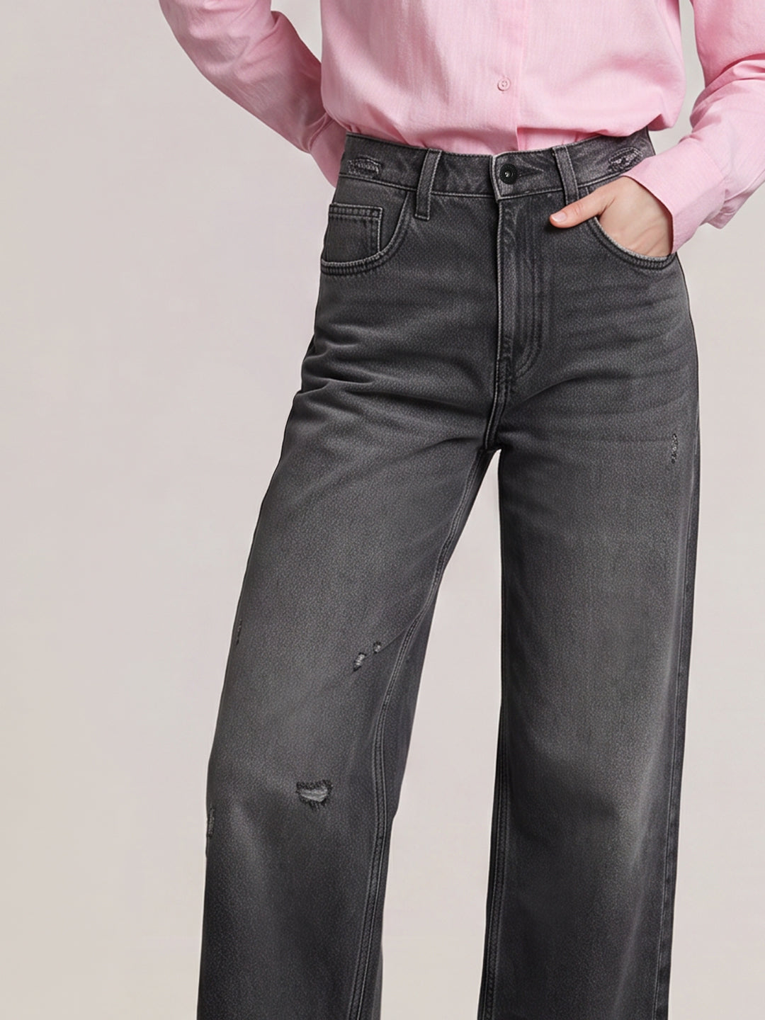 Grey Distressed Wide Leg Jeans