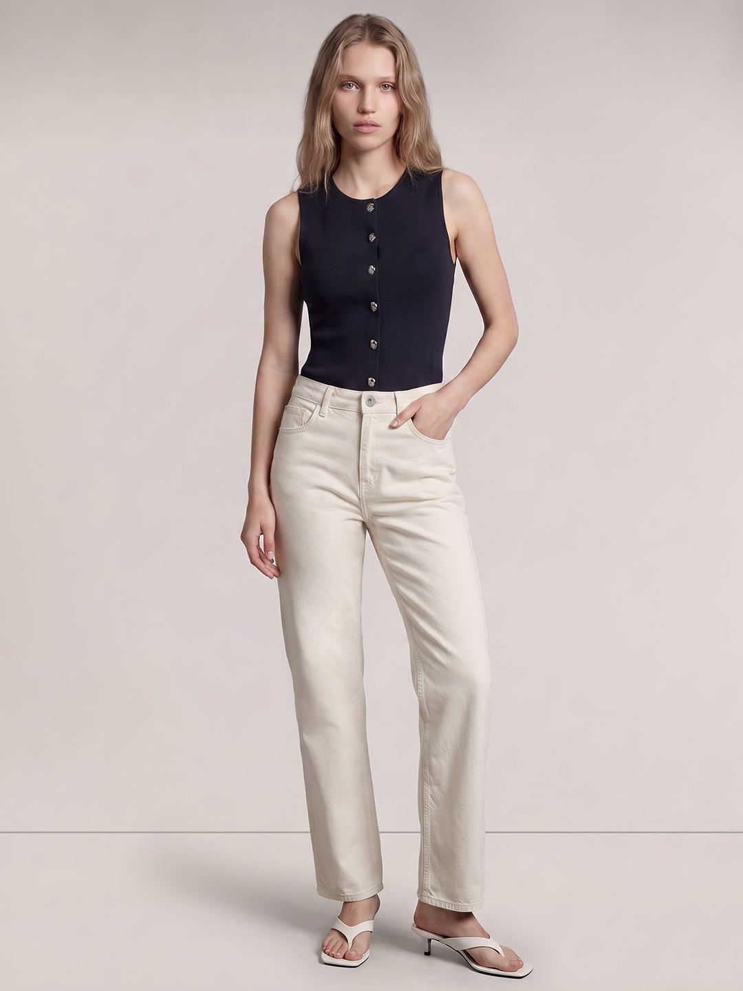 Ecru High Rise Straight Fit Jeans