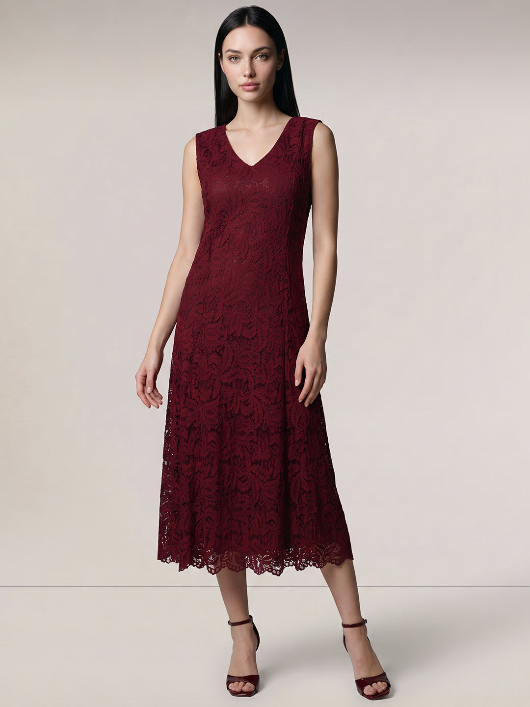 Dark Red Lace Midi Dress