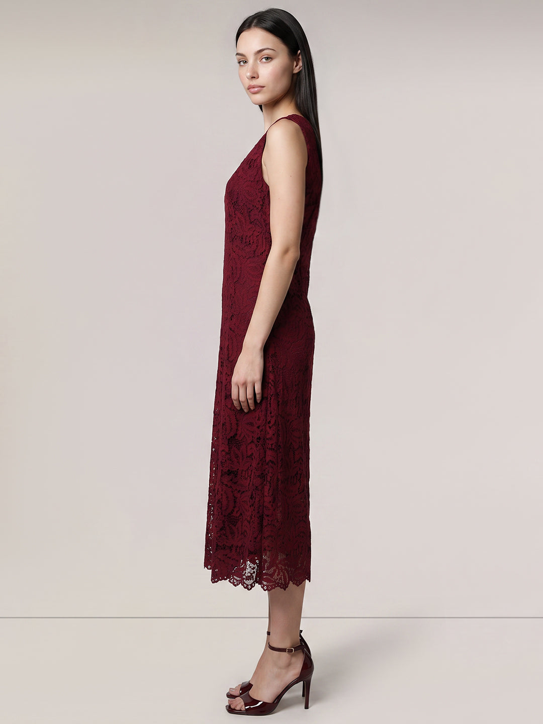 Dark Red Lace Midi Dress