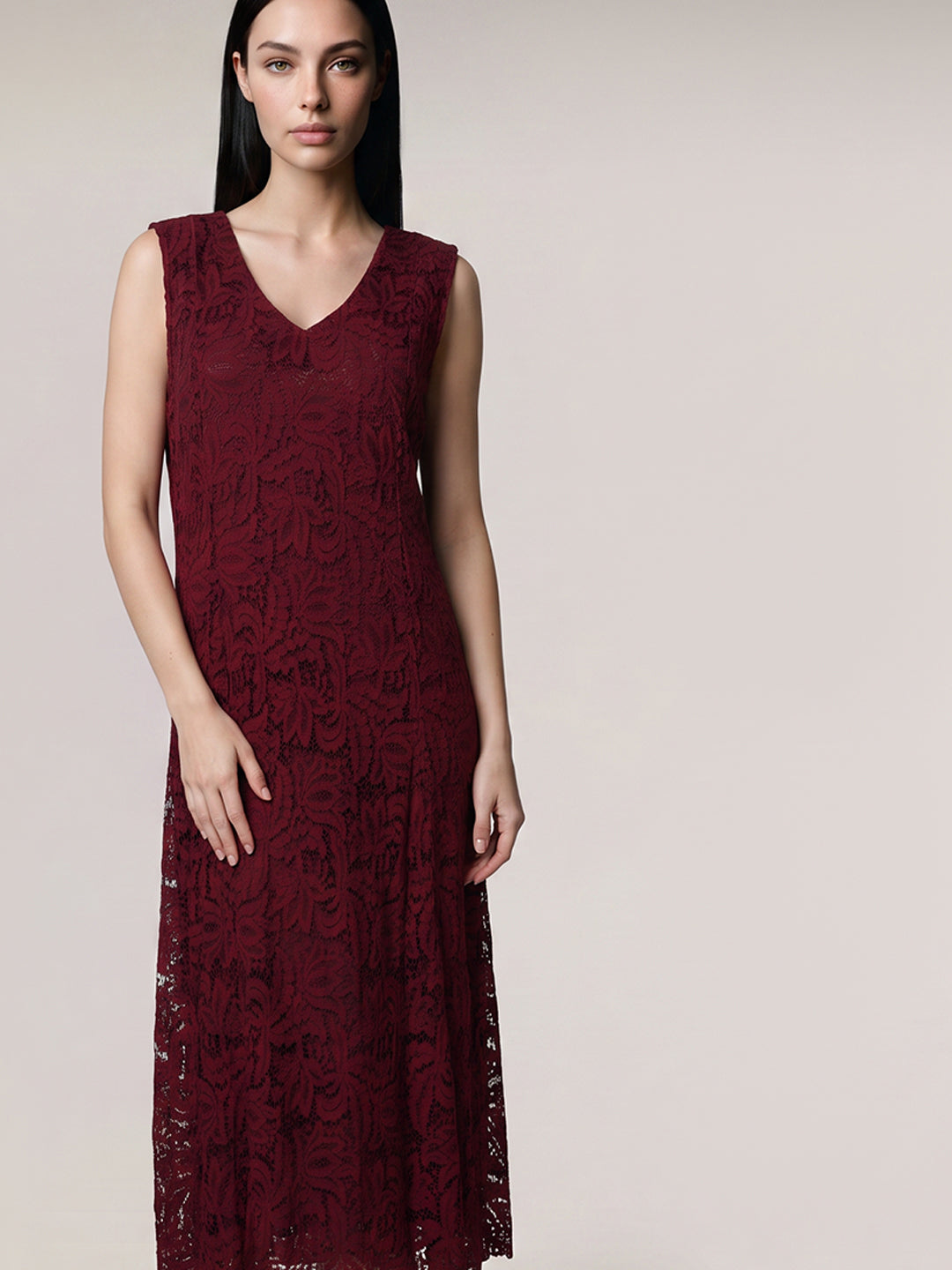 Dark Red Lace Midi Dress