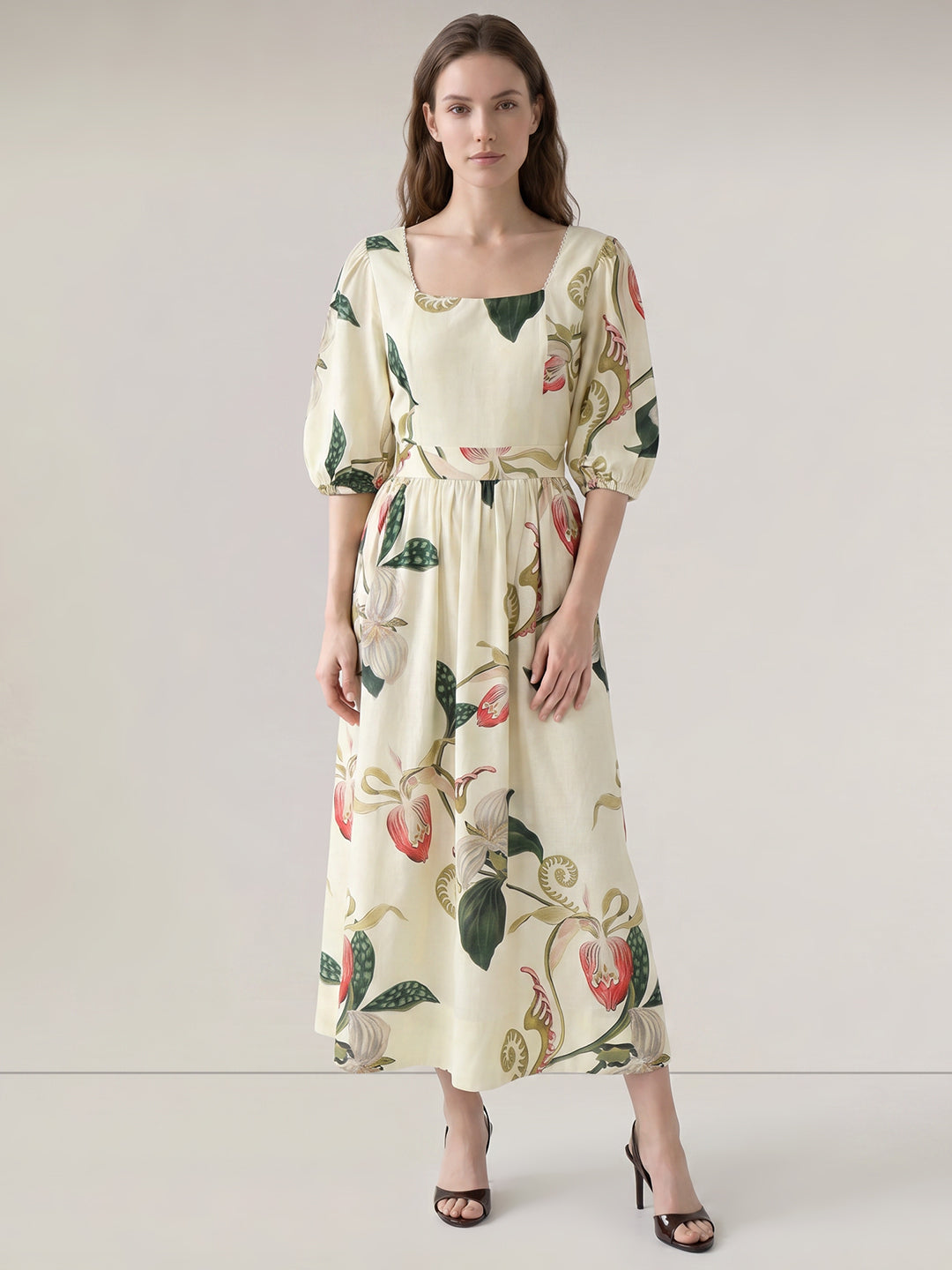 Ecru Floral Print Midaxi Dress
