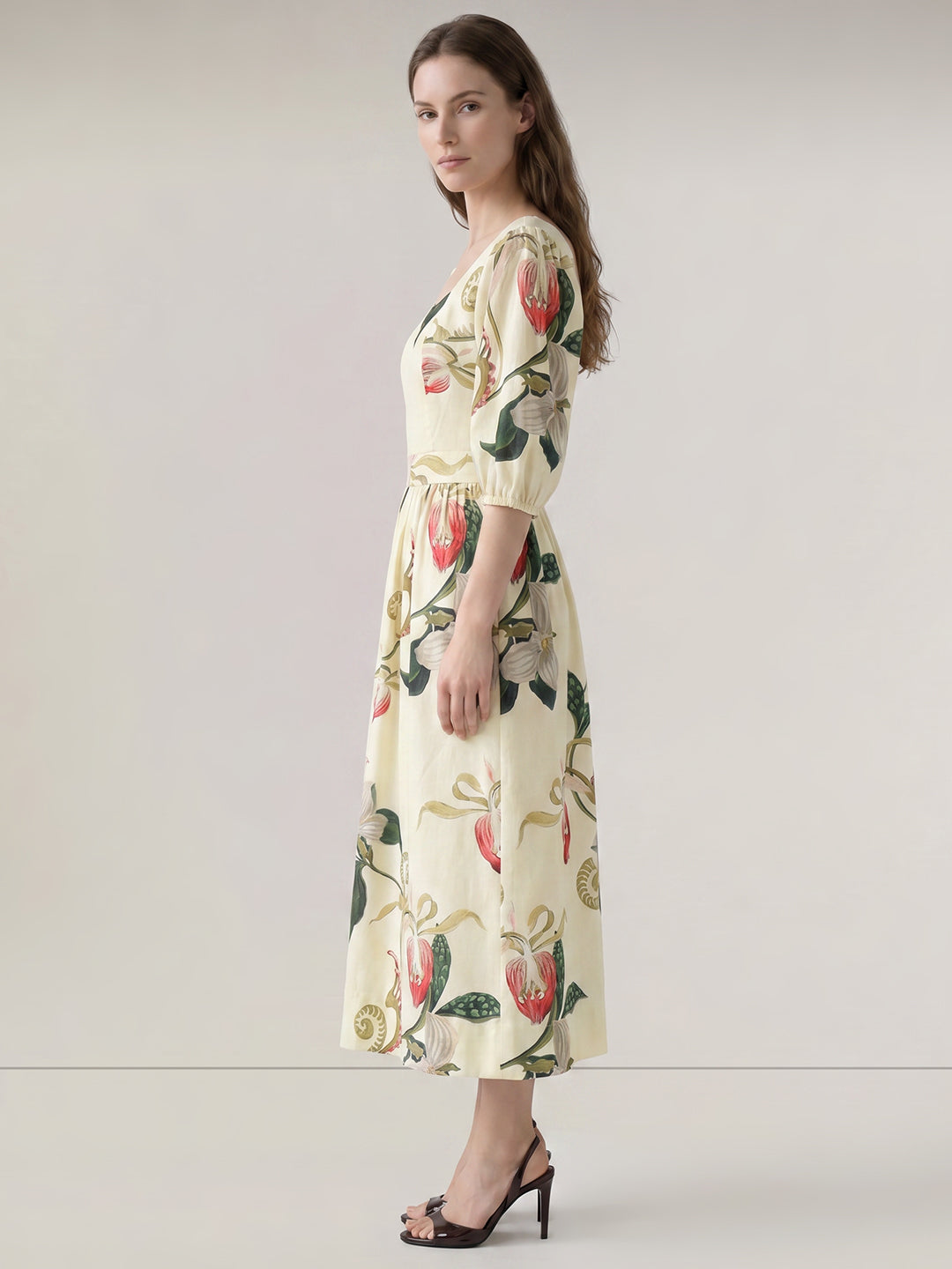 Ecru Floral Print Midaxi Dress